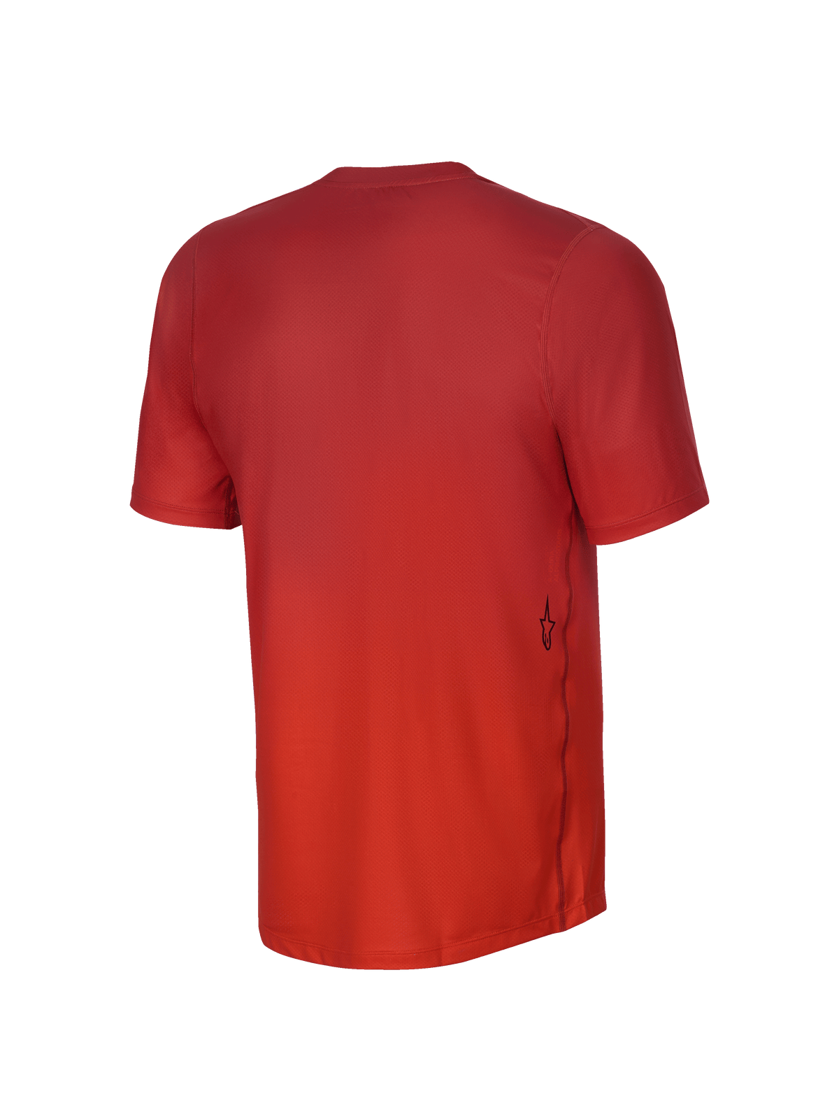 Maglia Alpinestars Youth A-Dura Rise a maniche corte, vista posteriore, Spicy Orange, caratterizzata da una trama in tessuto jacquard, un piccolo logo Astars nero sul lato inferiore e un orlo posteriore allungato per una maggiore copertura in mountain bike.