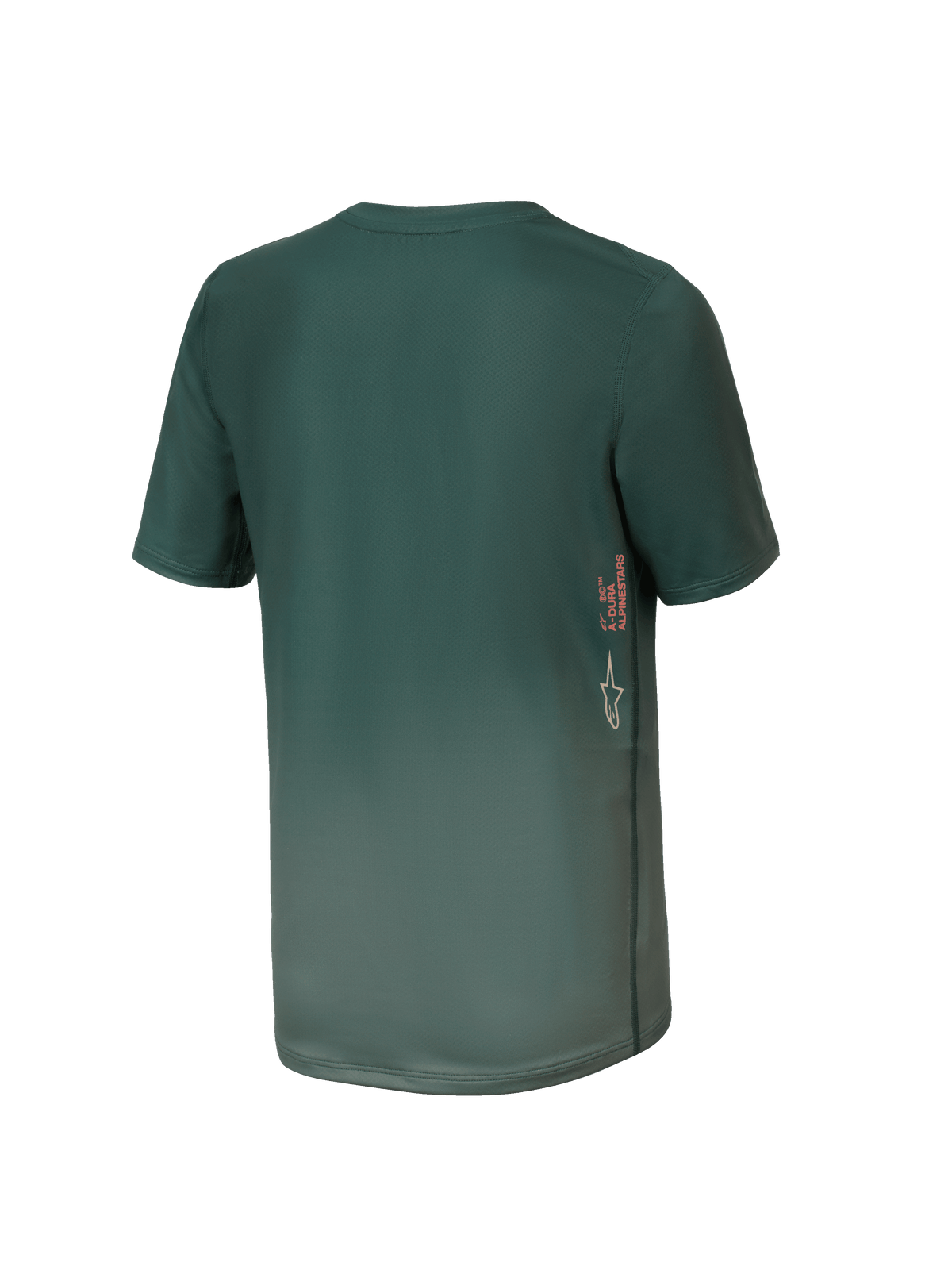 Maglia Alpinestars Youth A-Dura Rise, maglia da MTB a maniche corte per ragazzi, verde Silver Pine, vista posteriore con marchio A-DURA verticale e logo Astars sul lato, bordo posteriore allungato, tessuto tecnico traspirante