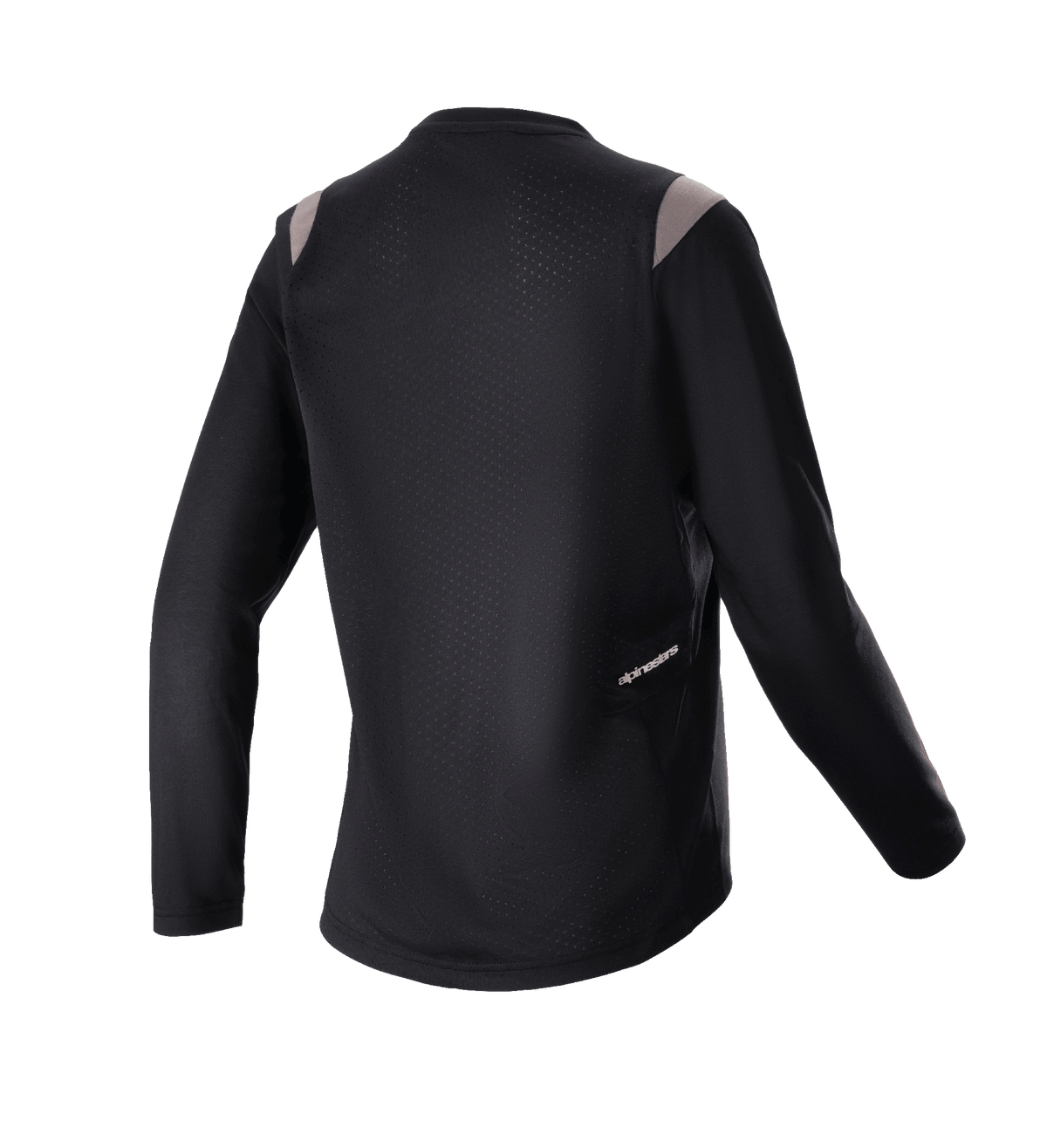 Alpinestars Stella Alps Escape Maglia a maniche lunghe da donna, nero con inserti grigi sulle spalle, vista posteriore con pannello in rete traforata per la ventilazione e piccolo logo Alpinestars, abbigliamento da mountain bike