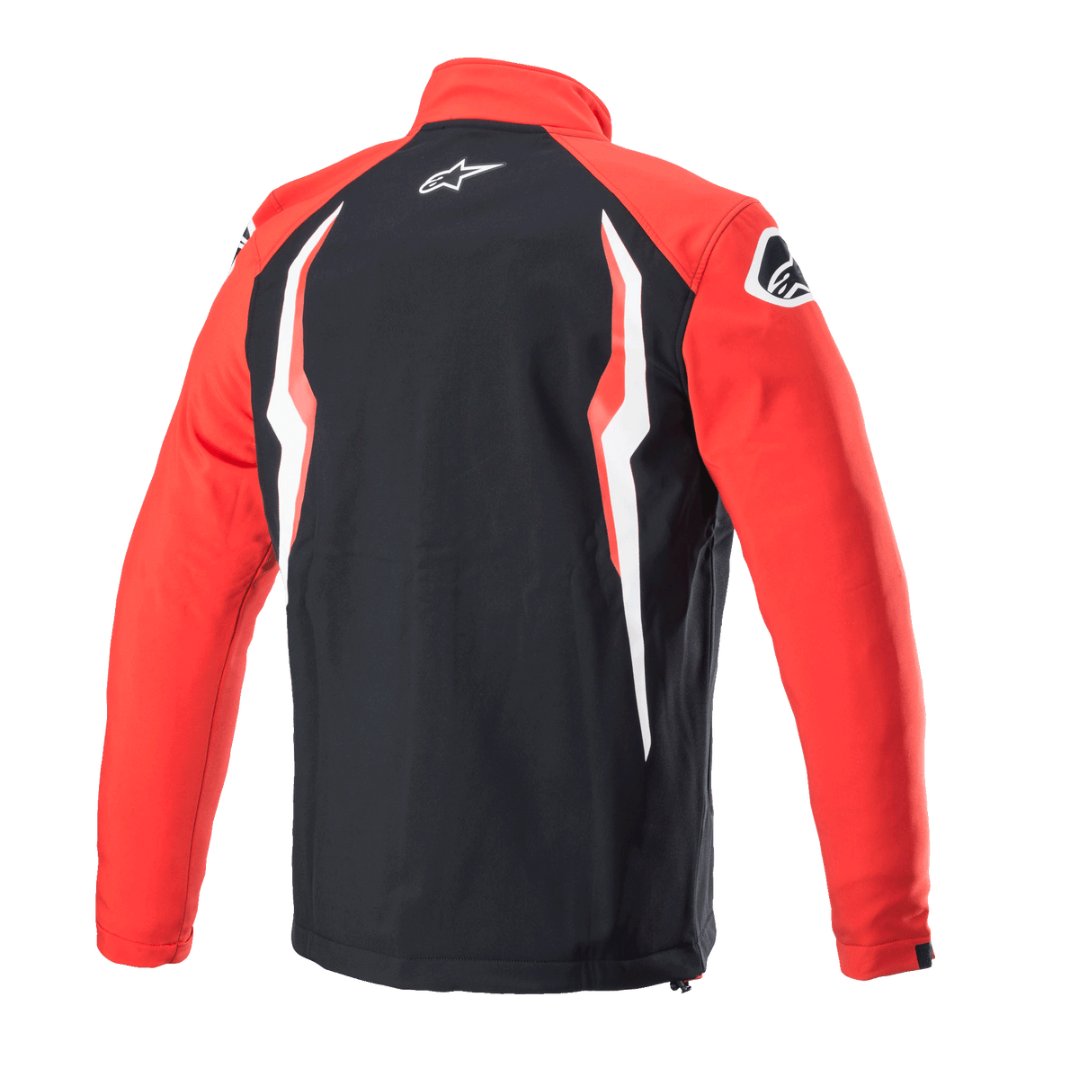 Giacca softshell Alpinestars Honda, rosso e nero, vista posteriore con pannello centrale nero e maniche rosse, caratterizzata da grafiche a contrasto bianche e rosse, logo Alpinestars sul collo e sulla spalla, design softshell sportivo ispirato al motorsport