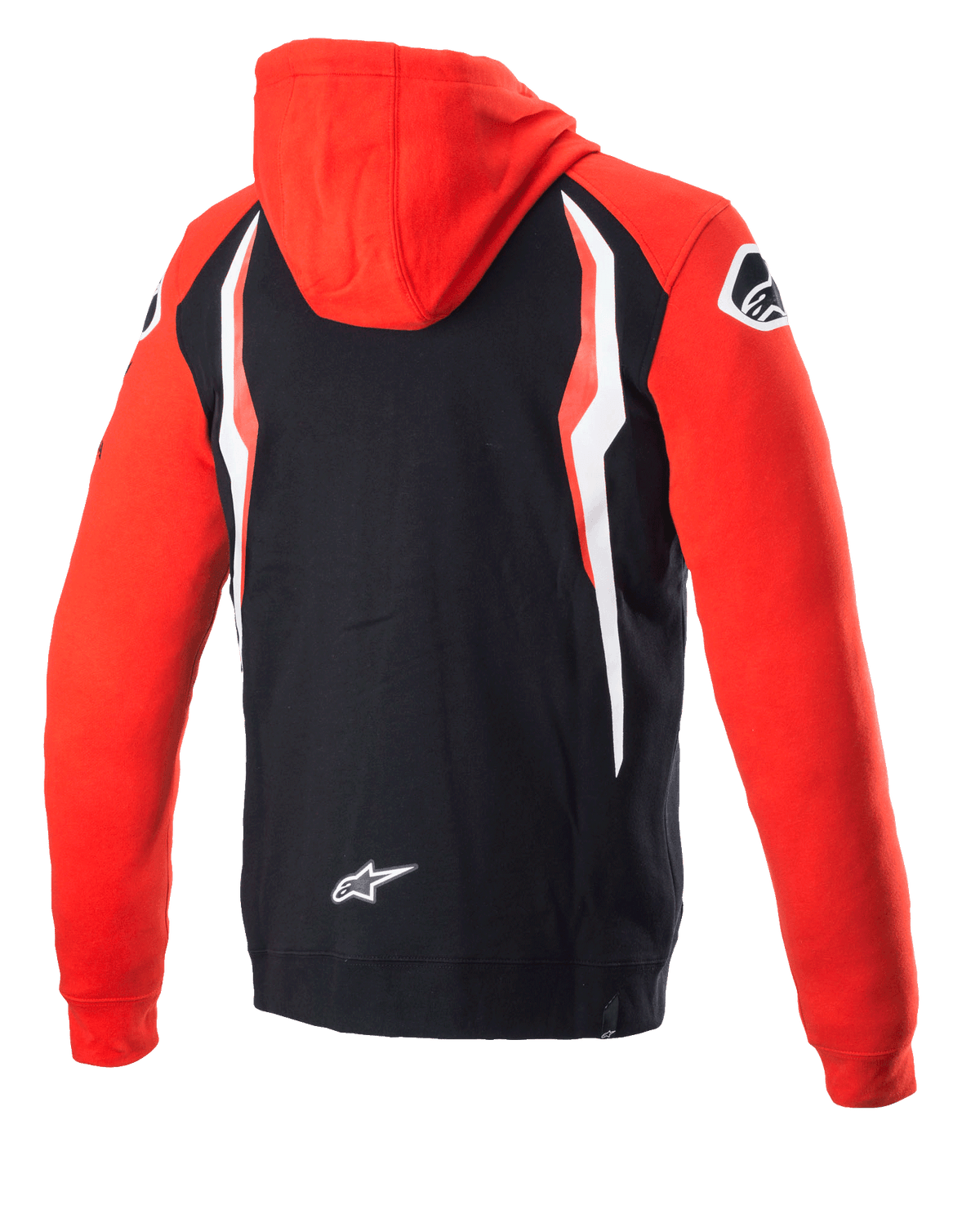 Alpinestars Honda Zip Hoodie, rosso e nero, vista posteriore, felpa in pile co-brandizzata con cappuccio e maniche rosse, retro nero con pannelli a contrasto bianchi e rossi, logo stella Alpinestars sulla parte bassa della schiena, streetwear casual ispirato al motorsport
