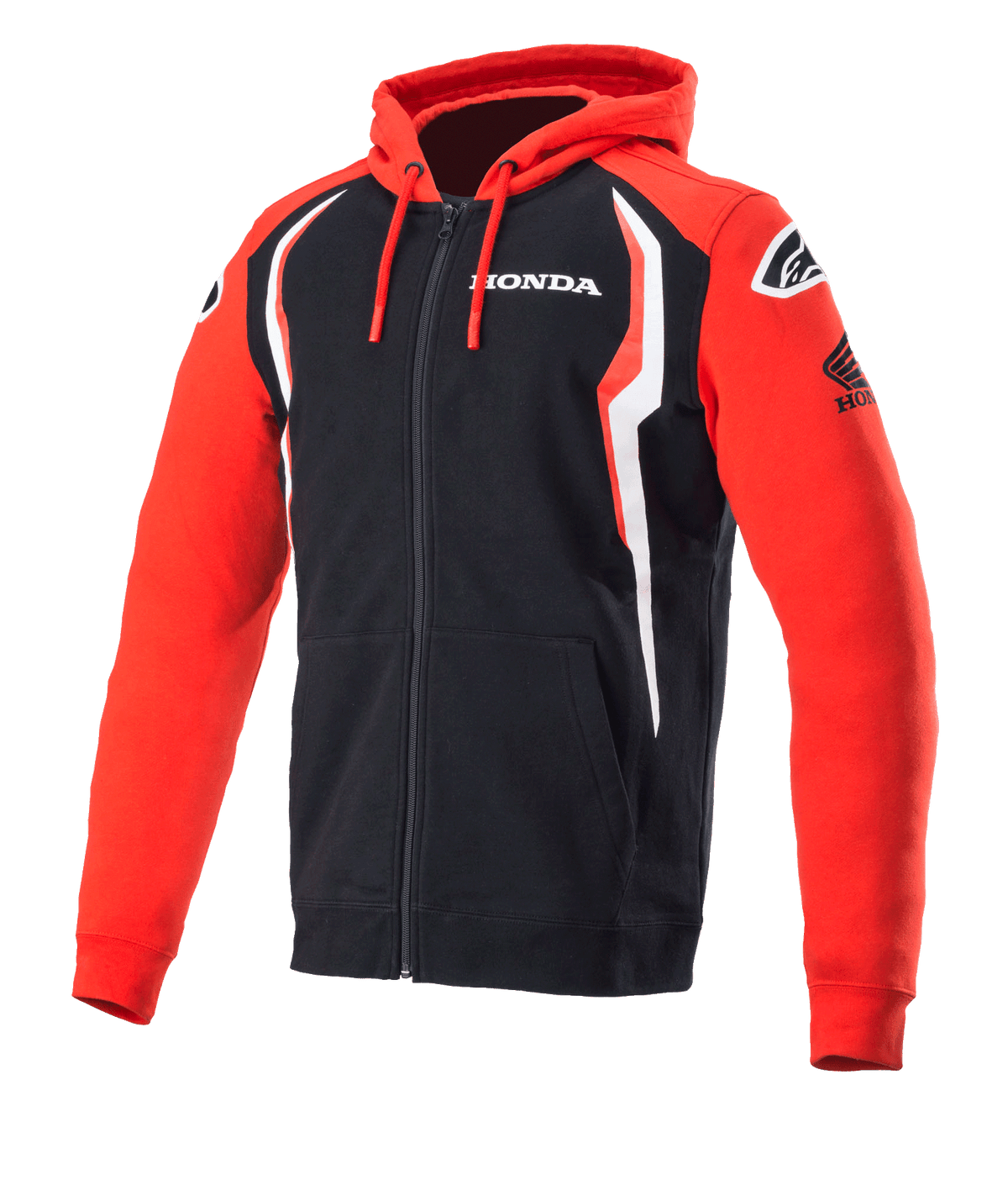 Alpinestars Honda Zip Hoodie, felpa con cappuccio e zip integrale, rosso e nero con accenti bianchi, marchio Honda sul petto e sulla manica, loghi Alpinestars sulle spalle, cappuccio con cordino, abbigliamento casual da motorsport