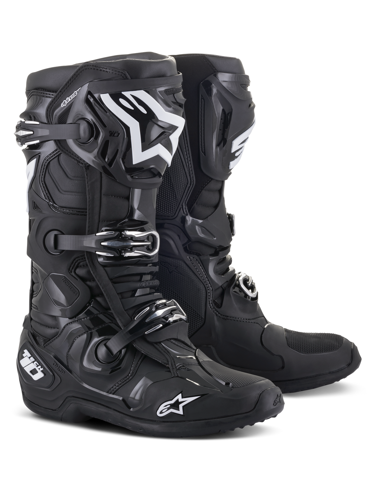 Alpinestars Tech 10 Boots, stivali da motocross, nero, con loghi Alpinestars bianchi, sistema di chiusura a tripla fibbia, robusta calotta in TPU con protezione della caviglia rinforzata, design aerodinamico per corse fuoristrada ad alte prestazioni
