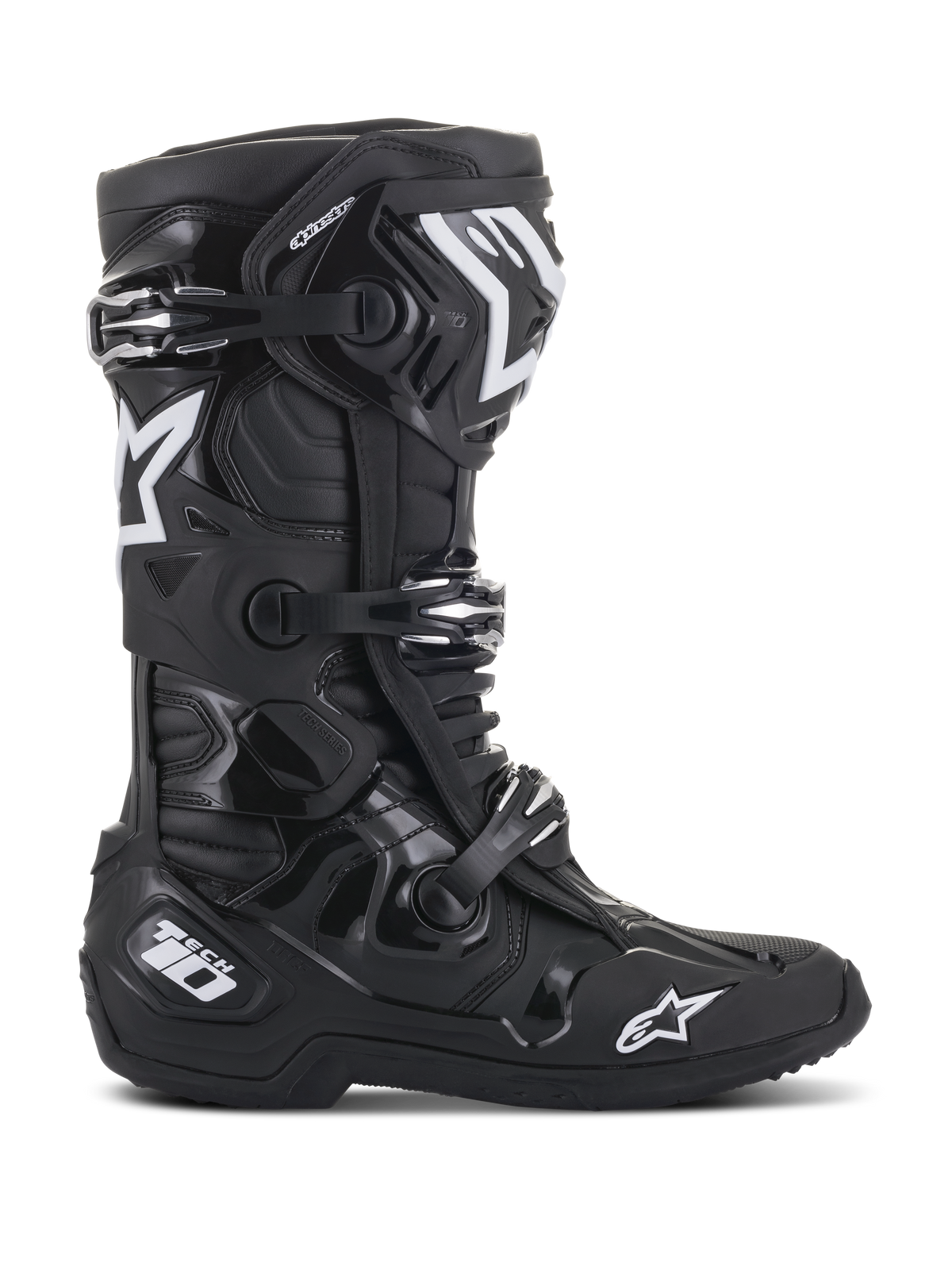 Stivali Alpinestars Tech 10, stivali da motocross, nero, vista laterale con loghi a stella Alpinestars bianchi e branding Tech 10, sistema di chiusura a tre fibbie, robusta struttura in TPU e microfibra per gare off-road professionali