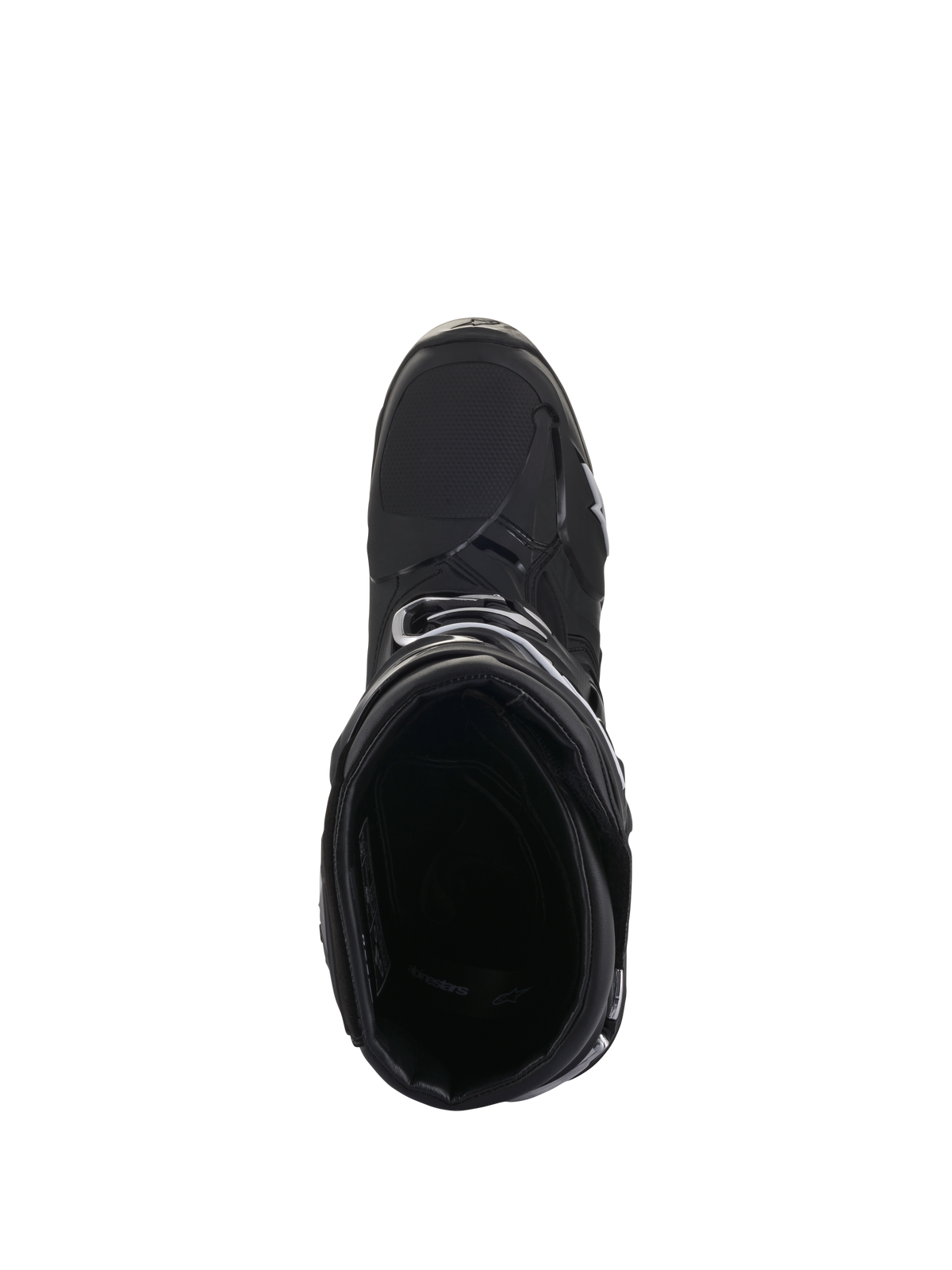 Alpinestars Tech 10 Boots, stivali da motocross, nero, vista dall'alto che mostra l'imbottitura interna e il guscio esterno aerodinamico, design ad alte prestazioni per corse fuoristrada