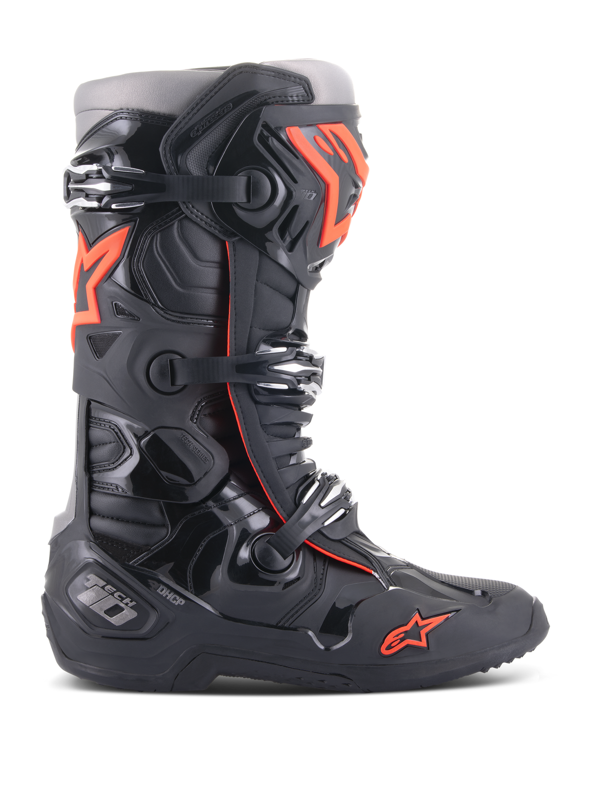 Alpinestars Tech 10 Boots, stivali da motocross e fuoristrada, nero e rosso fluo, con sistema di chiusura a tre fibbie, guscio protettivo in TPU sagomato, logo a stella rossa sulla punta e costruzione ad alte prestazioni per motocross professionale