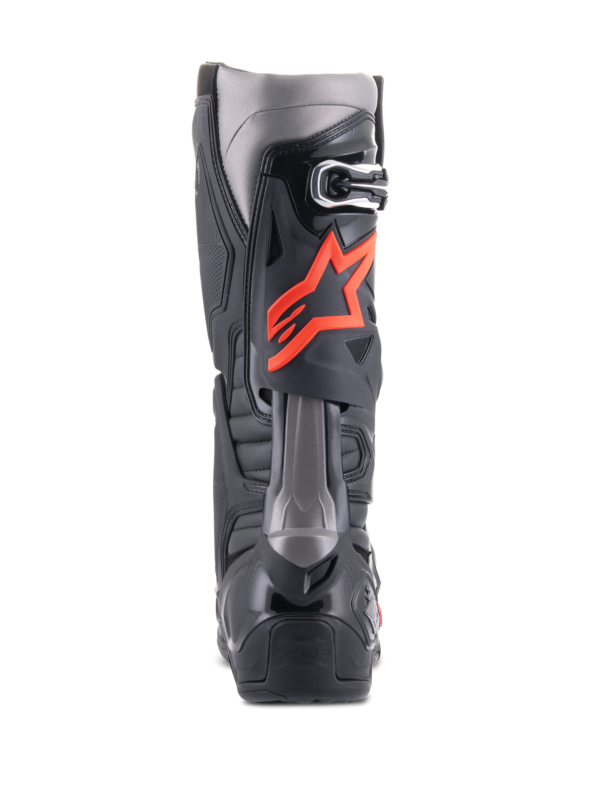 Alpinestars Tech 10 Boots, stivali da motocross, nero e rosso fluo, vista posteriore con calotta tecnica in TPU, pannelli grigio scuro e vistoso logo a stella rosso fluorescente sul polpaccio.