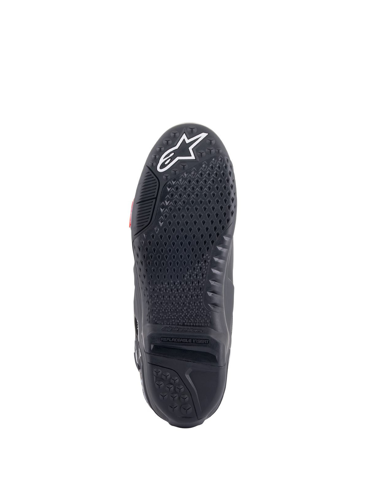 Stivali Alpinestars Tech 10, stivali da motocross, vista della suola nera, con scolpitura del grip proprietaria e battistrada testurizzato, logo a stella bianco sulla punta e inserto centrale della suola sostituibile per prestazioni off-road