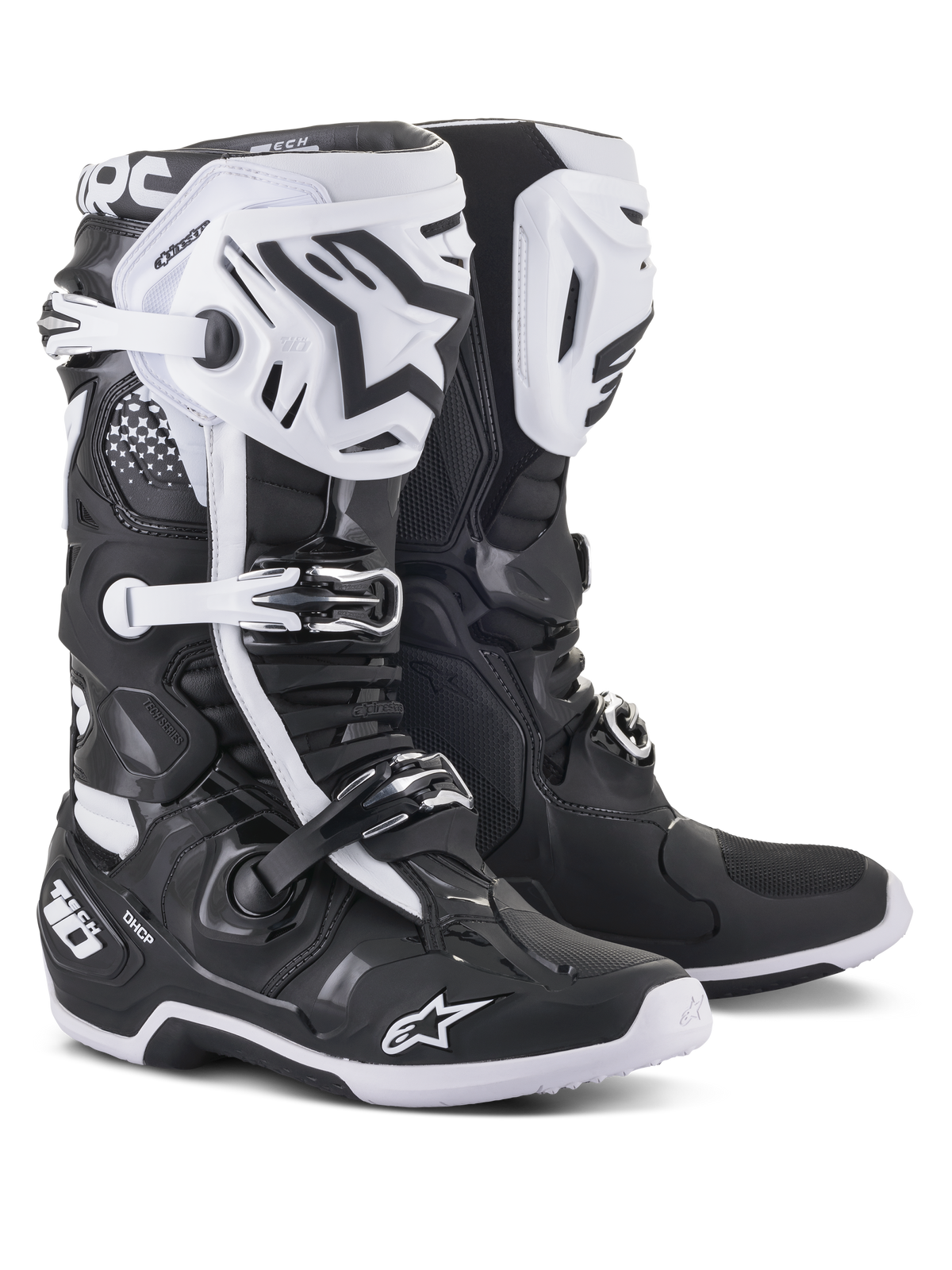 Alpinestars Tech 10, stivali da motocross, nero e bianco, design protettivo ad alte prestazioni con placche tibiali bianche, loghi a stella neri, fibbie regolabili e protezione del tallone DHCP, suole robuste per gare fuoristrada