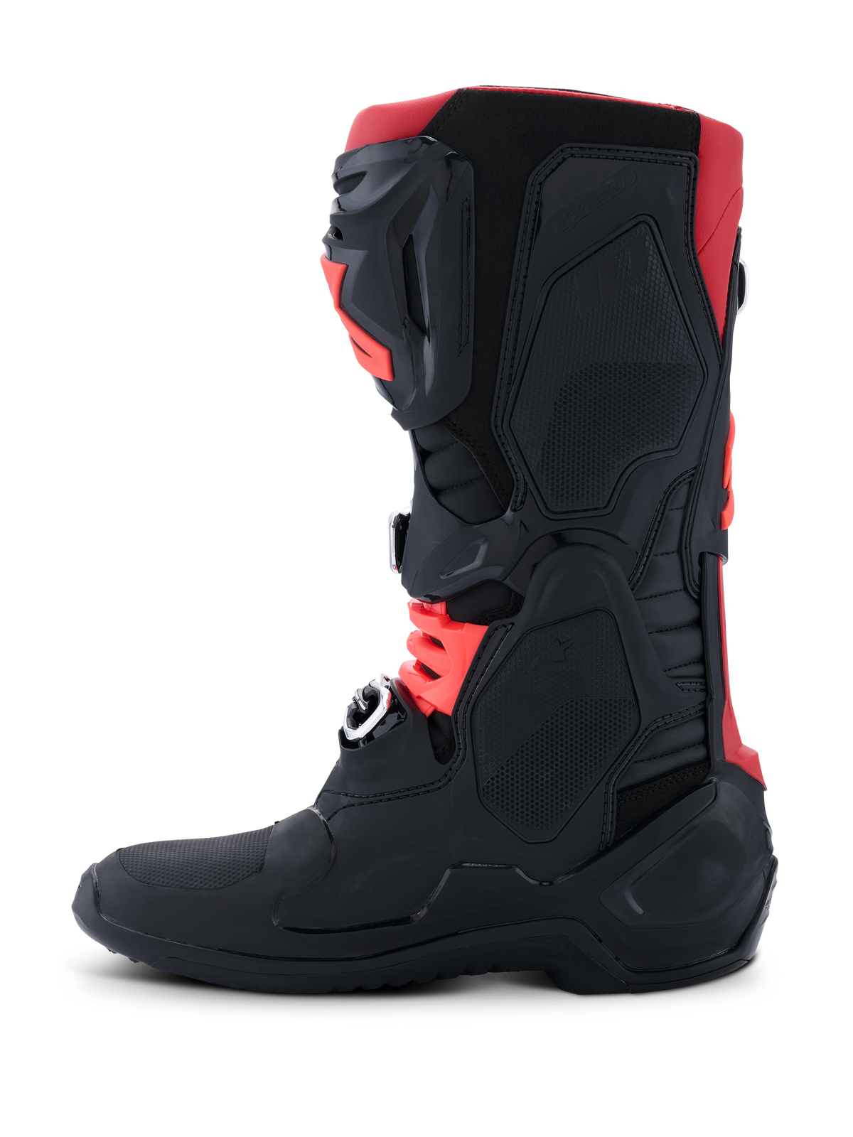 Stivali Alpinestars Tech 10, stivali da motocross, nero e rosso, vista laterale che mostra il telaio protettivo in TPU, fibbie in alluminio forgiato a freddo e design aerodinamico per il fuoristrada