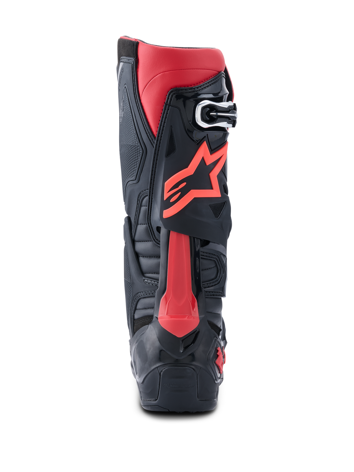Stivali Alpinestars Tech 10, stivali da motocross, nero e rosso, vista posteriore con logo Astars rosso, Dynamic Heel Compression Protector e robusto telaio in TPU per gare fuoristrada ad alte prestazioni