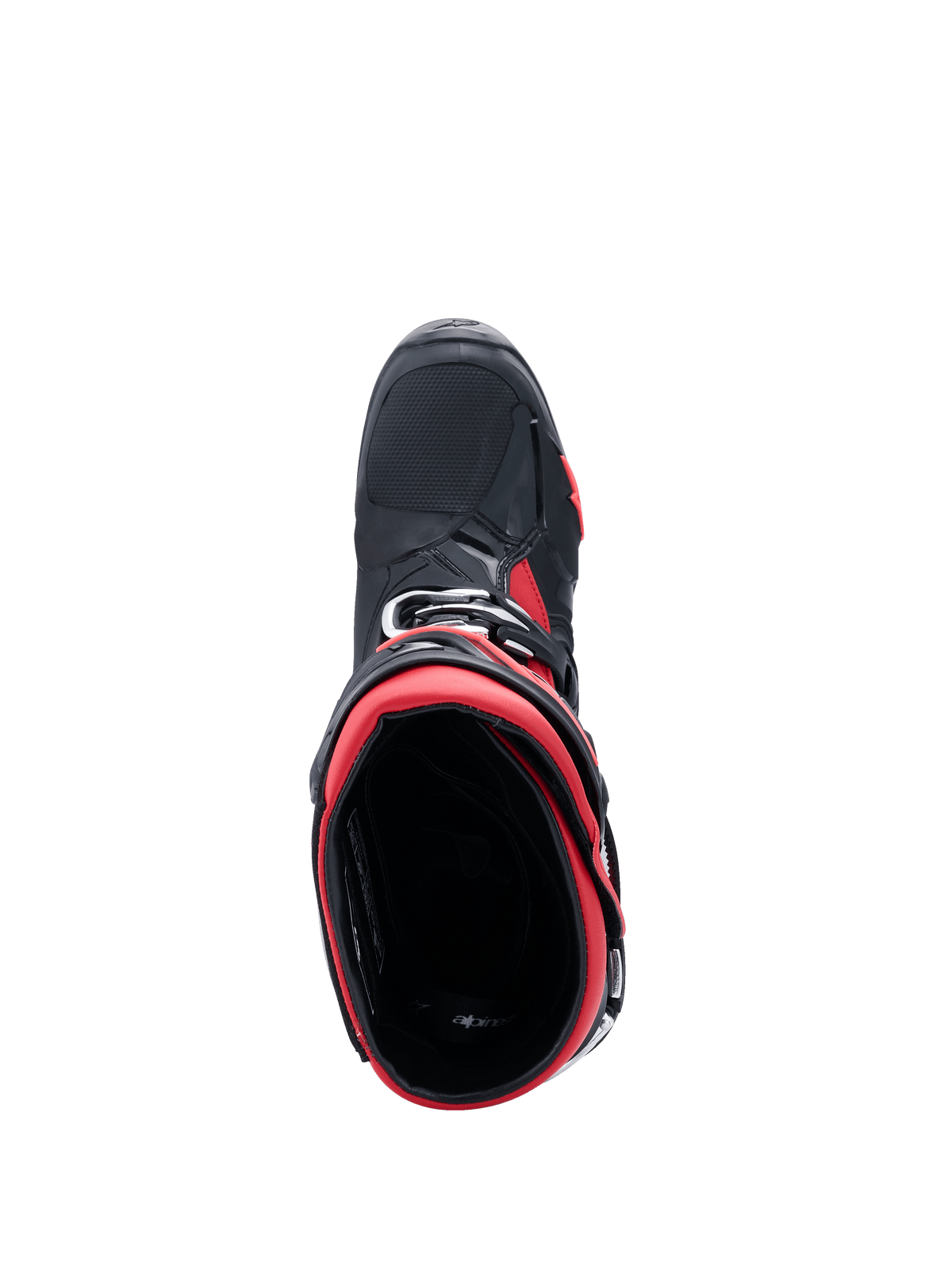 Stivali da motocross Alpinestars Tech 10, nero e rosso, vista dall'alto dell'apertura dello stivale, fodera interna rossa e struttura esterna nera con accenti rossi, design professionale per fuoristrada