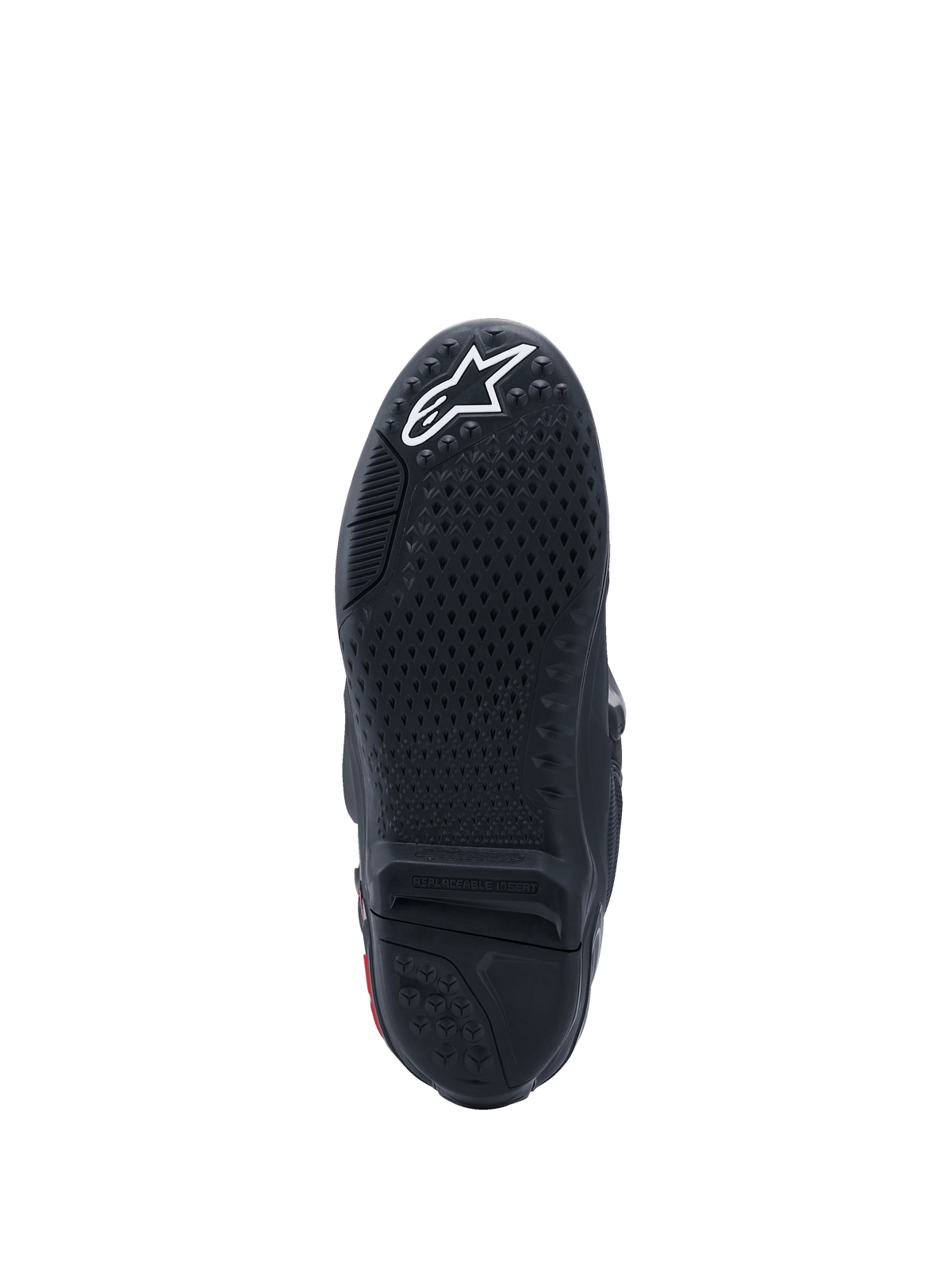 Stivali Alpinestars Tech 10, vista della suola, nero con logo bianco, trama di grip testurizzata, inserto centrale sostituibile, calzature da motocross ad alte prestazioni