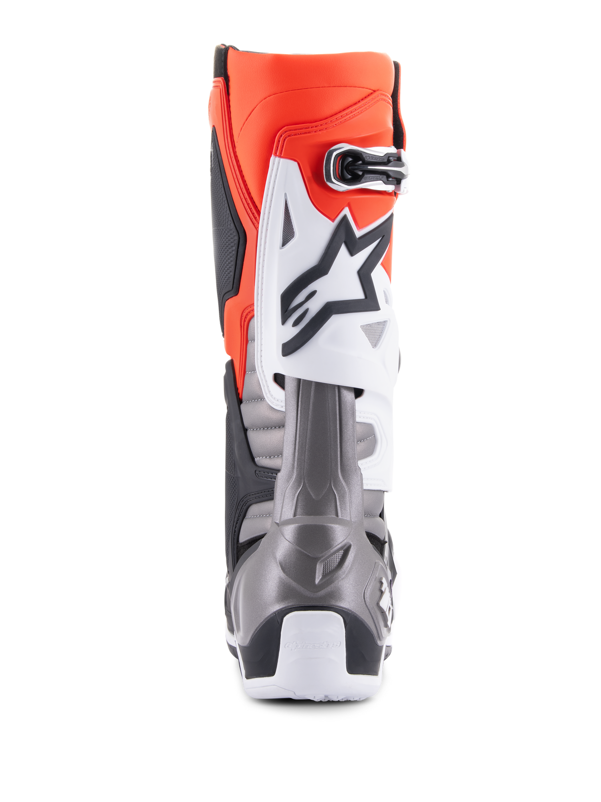 Stivali Alpinestars Tech 10, stivali da motocross, nero, rosso fluo, arancione fluo e bianco, vista posteriore con tomaia arancione brillante, piastra protettiva bianca con logo nero e sezione del tallone grigio metallizzato per prestazioni racing off-road