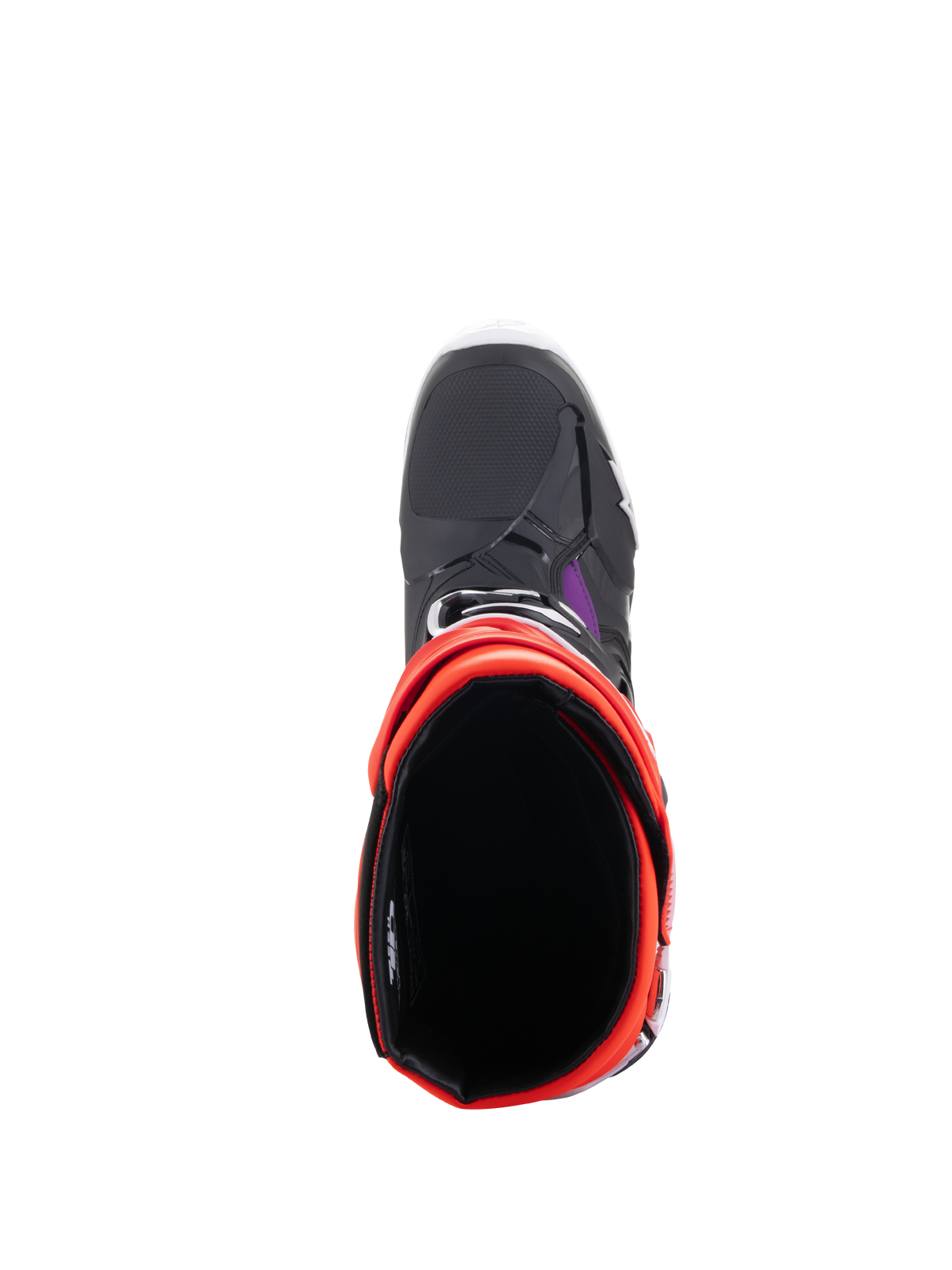Alpinestars Tech 10 Boots, stivali da motocross, nero, rosso fluo, arancione fluo e bianco, vista dall'alto che mostra l'apertura interna e la punta, calzature protettive per fuoristrada