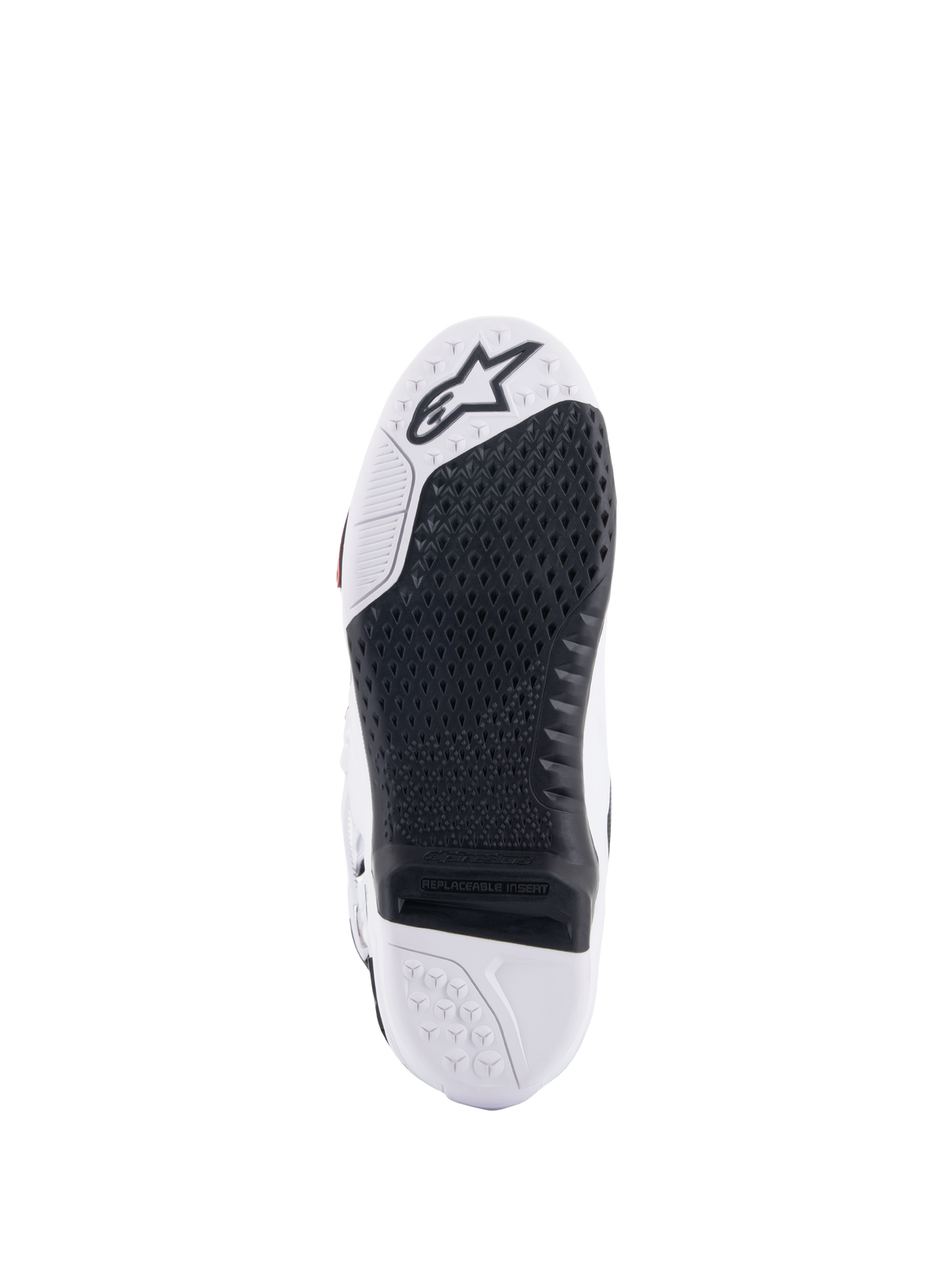 Stivali Alpinestars Tech 10, stivali da motocross, vista inferiore con inserto centrale nero sostituibile e suola bianca, trama grip testurizzata, logo a stella Alpinestars sulla punta, calzatura resistente per il fuoristrada