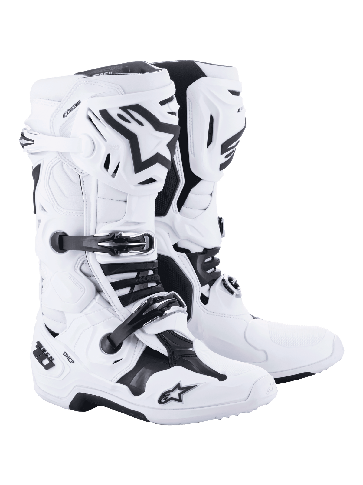 Stivali da motocross Alpinestars Tech 10, bianchi con dettagli neri, design robusto a taglio alto con sistema di chiusura a tripla fibbia, protezione della calotta in TPU e controllo avanzato della flessione, calzature professionali per gare off-road