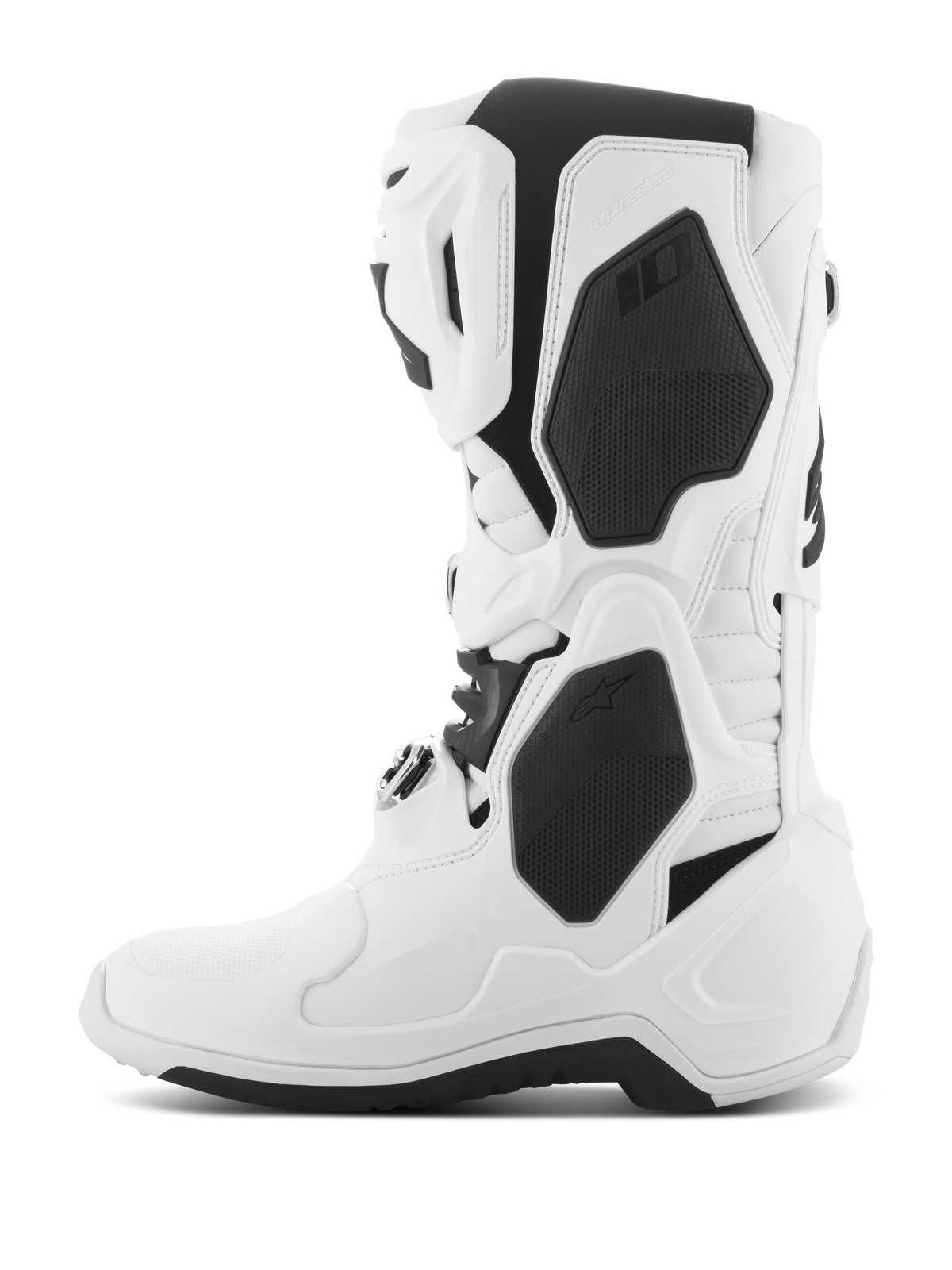 Alpinestars Tech 10 Boots, stivali da motocross, bianco con accenti neri, vista laterale che mostra le protezioni in TPU, il sistema di chiusura con fibbie e il design aerodinamico ad alte prestazioni per gare off-road