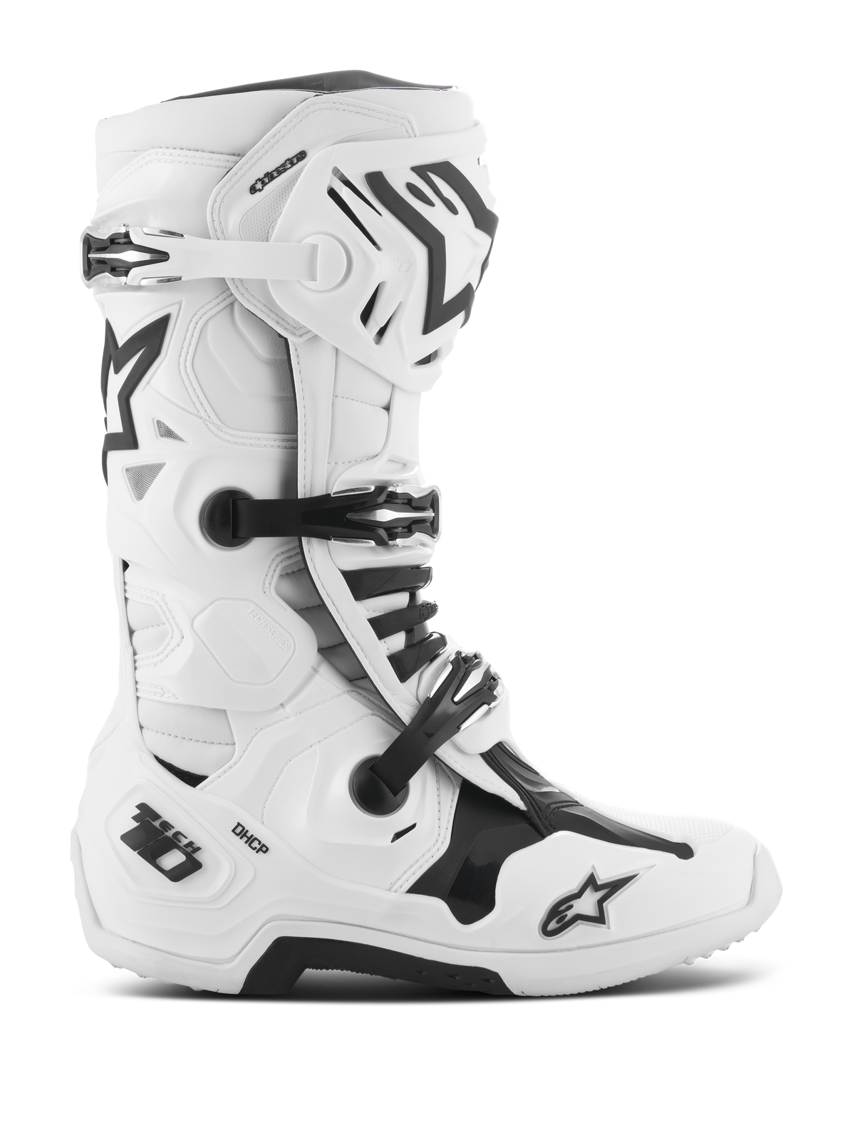 Alpinestars Tech 10 Boots, stivali da motocross, bianchi e neri, sistema di chiusura a tripla fibbia, scafo in TPU rinforzato con marchi 'Tech 10' e 'DHCP', suola spessa e robusta, calzatura protettiva certificata CE per competizioni fuoristrada