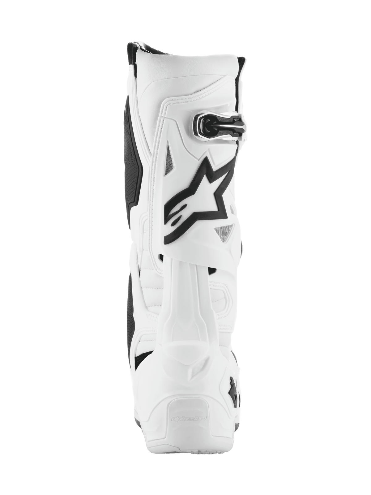 Alpinestars Tech 10, stivali da motocross, bianco con accenti neri, vista posteriore con logo Astar nero e chiusura con fibbia, design protettivo avanzato per corse fuoristrada