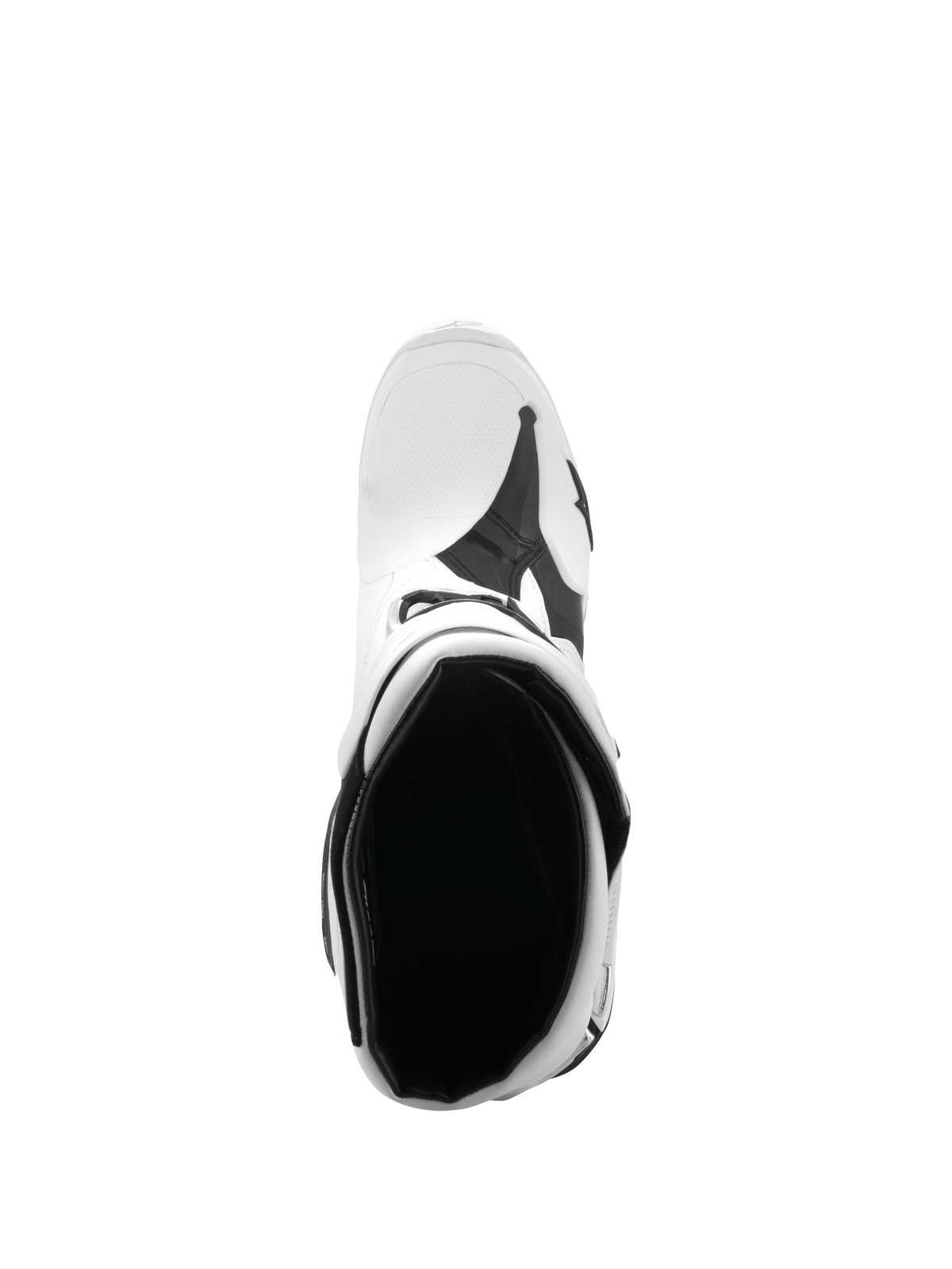 Alpinestars stivali Tech 10, stivali da motocross, bianco e nero, vista dall'alto dell'interno dello stivale, evidenziando l'apertura imbottita e il plantare, calzature professionali per corse fuoristrada