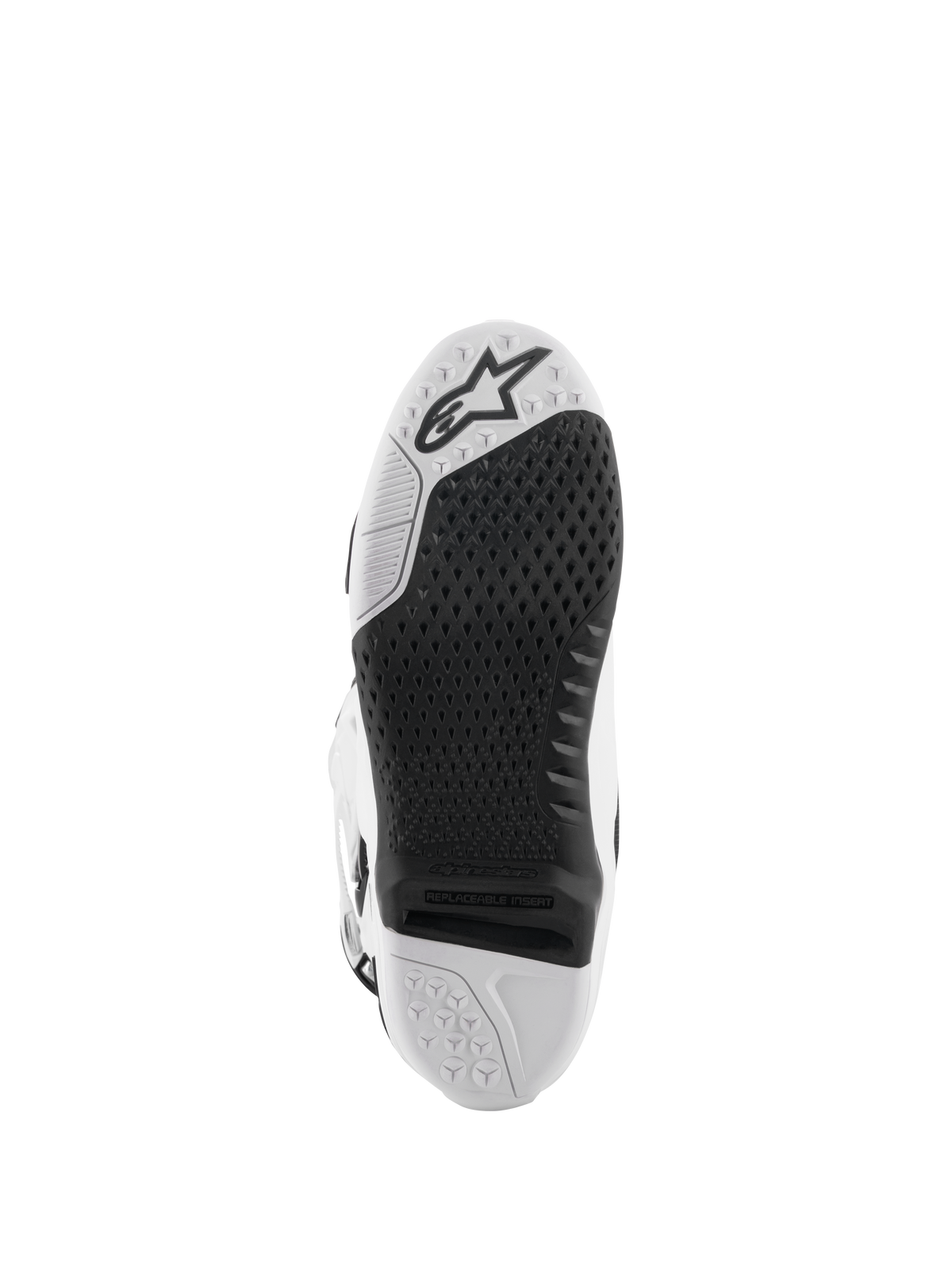 Stivali Alpinestars Tech 10, stivali da motocross, bianco e nero, vista inferiore della suola con trama a grip testurizzato, logo Alpinestars e inserto centrale sostituibile per gare fuoristrada