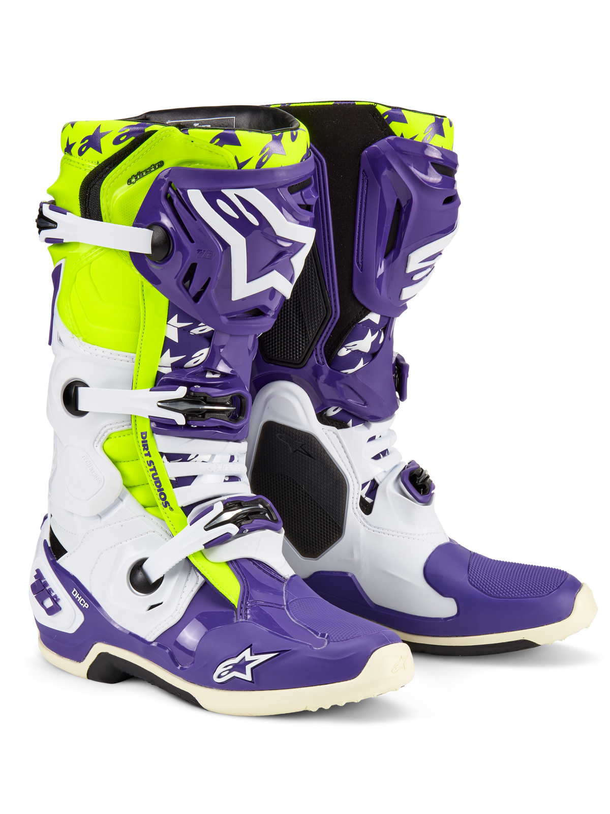 Stivali Alpinestars Tech 10 Dirt Studios LE, stivali da motocross, bianco, viola e giallo fluo, con scocche protettive bianche e viola e accenti giallo fluo, marchio 'Dirt Studios' e fibbie bianche, calzature da fuoristrada ad alte prestazioni in edizione limitata
