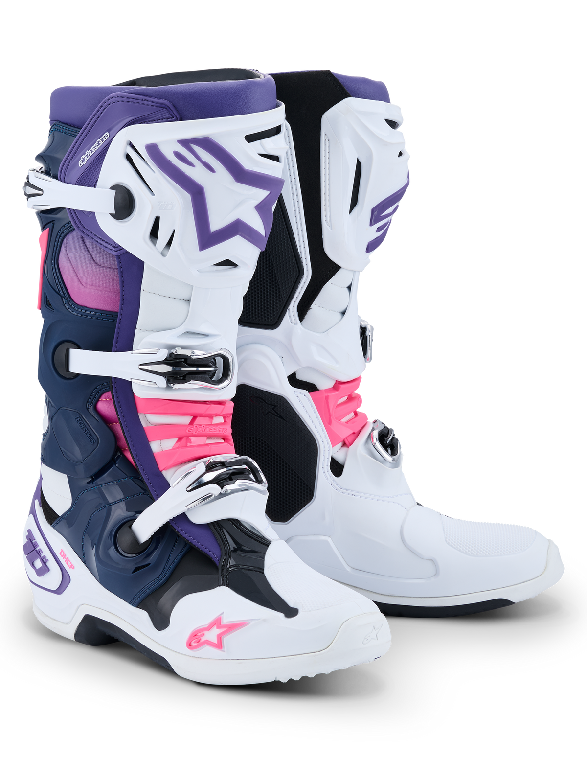 Stivali Alpinestars Tech 10, stivali da motocross, bianco, viola, blu navy e rosa fluo, sistema di chiusura a tripla fibbia, pannelli blu navy e viola e accenti rosa acceso su cinturini e loghi, calzature professionali per gare fuoristrada
