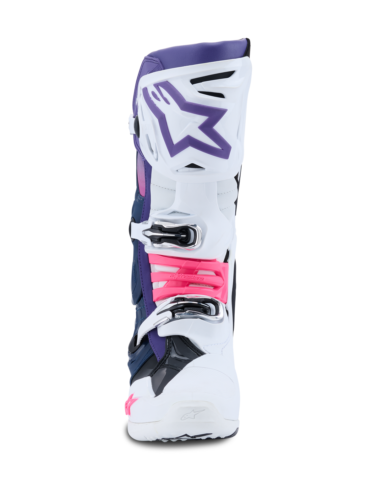 Stivali Alpinestars Tech 10, stivali da motocross, bianco, viola, blu navy e rosa fluo, vista frontale, caratterizzati da un guscio protettivo bianco con sezione superiore viola, logo a stella viola e accenti delle fibbie in rosa fluo, calzature da fuoristrada di livello professionale