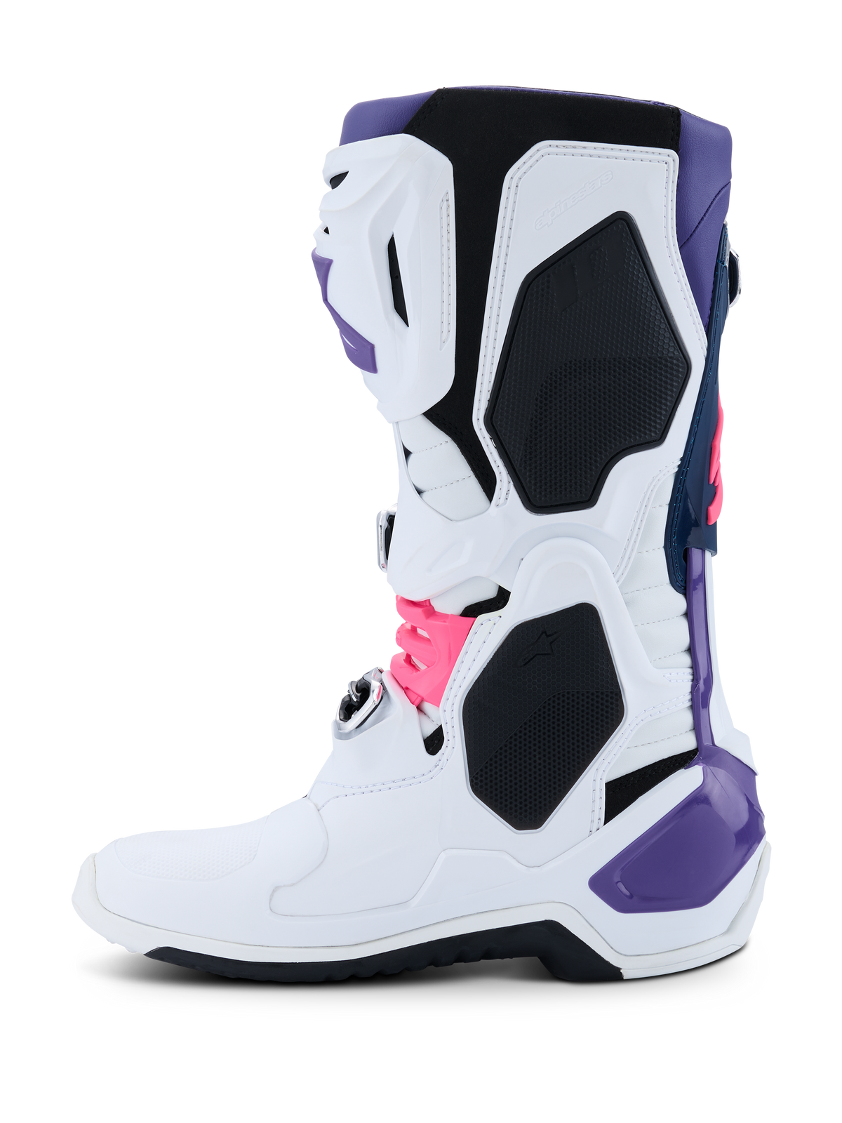 Stivali Alpinestars Tech 10, stivali da motocross, bianco, viola, blu navy e rosa fluo, profilo laterale con struttura principale bianca e accenti viola, blu navy e rosa neon, pannelli protettivi in TPU e design aerodinamico per prestazioni off-road