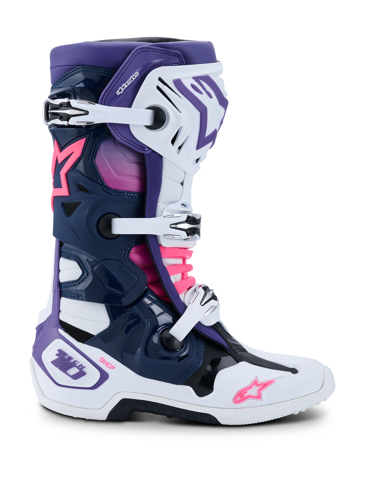 Stivali Alpinestars Tech 10, stivali da motocross, bianco, viola, blu navy e rosa fluo, vista laterale con chiusura a tripla fibbia, telaio protettivo in TPU, loghi a stella Alpinestars e branding DHCP, calzature da gara off-road ad alte prestazioni