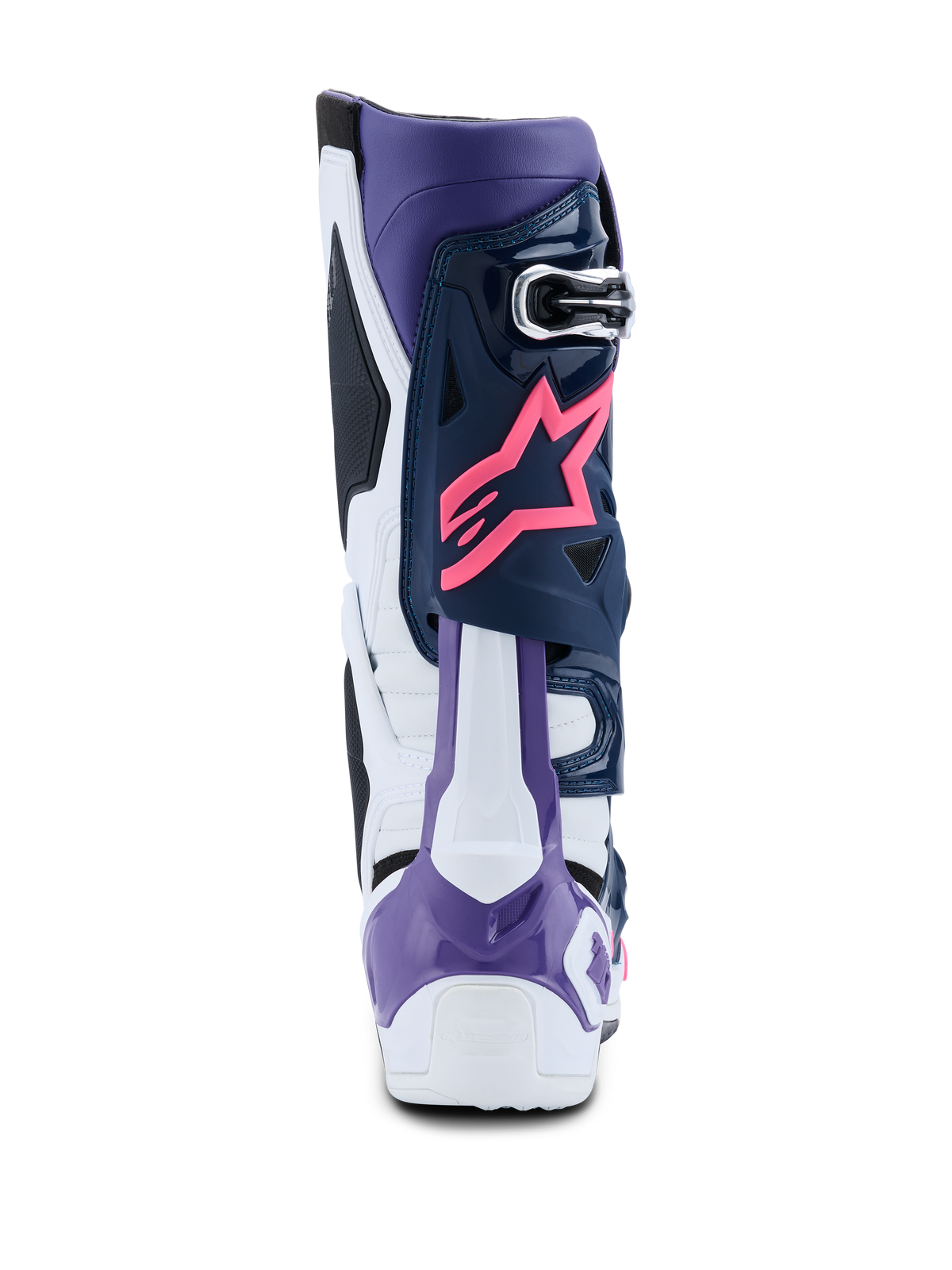 Stivali Alpinestars Tech 10, stivali da motocross, bianco, viola, blu navy e rosa fluo, vista posteriore con logo a stella Alpinestars rosa, protezione per il tallone viola e pannelli protettivi multicolore ad alte prestazioni