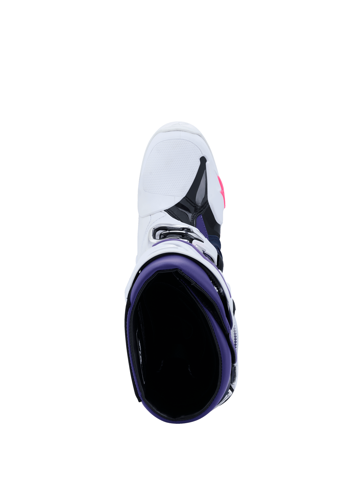 Stivali Alpinestars Tech 10, stivali da motocross, bianco, viola, blu navy e rosa fluo, vista dall'alto dell'interno viola, esterno bianco con dettagli neri e rosa, calzature da gara off-road di livello professionale