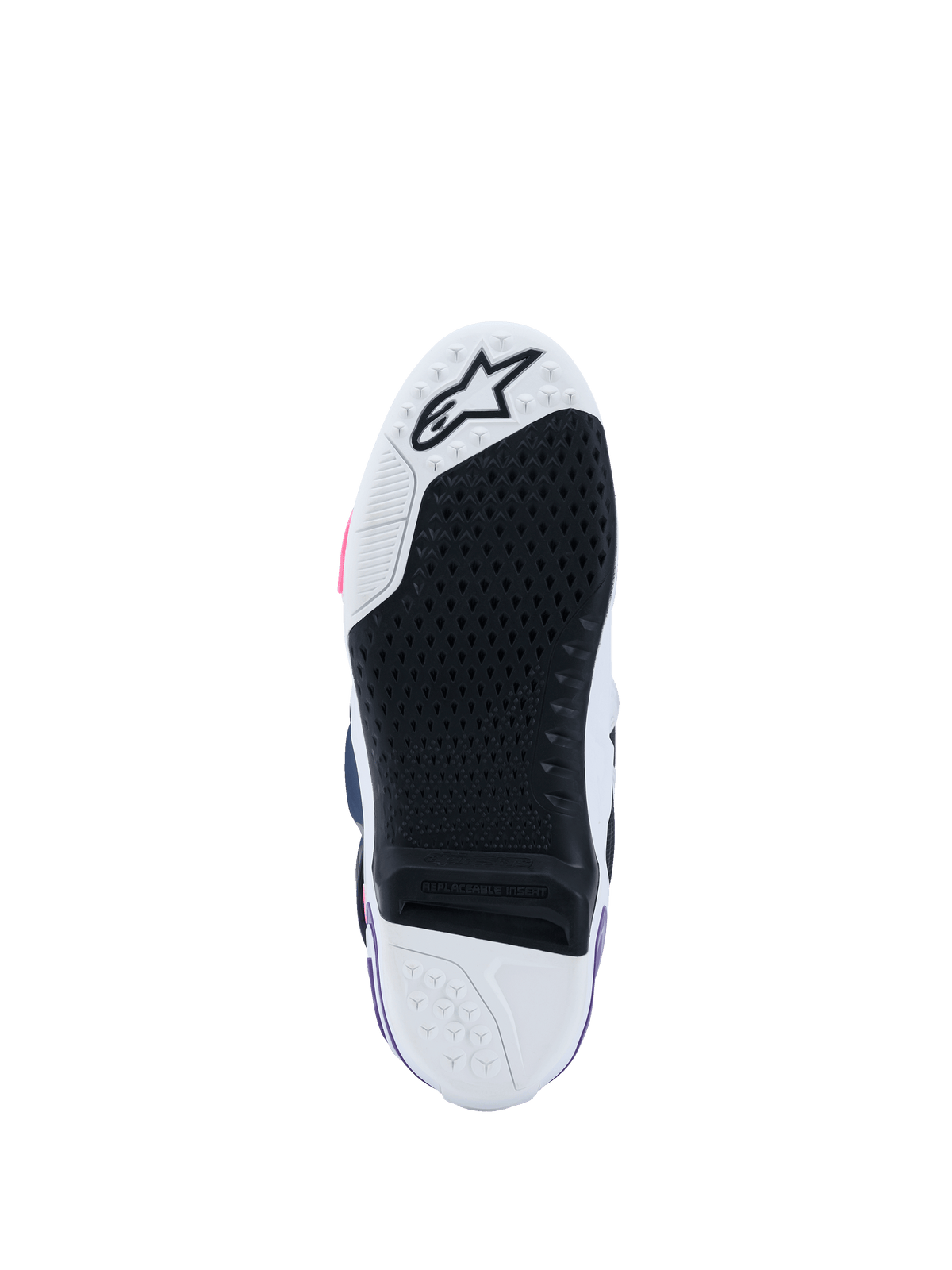 Stivali Alpinestars Tech 10, vista della suola, Bianco Viola Blu Navy e Rosa Fluo, battistrada in gomma nera ad alta aderenza con inserto centrale sostituibile, punta e tallone bianchi con logo a stella, calzature professionali da motocross