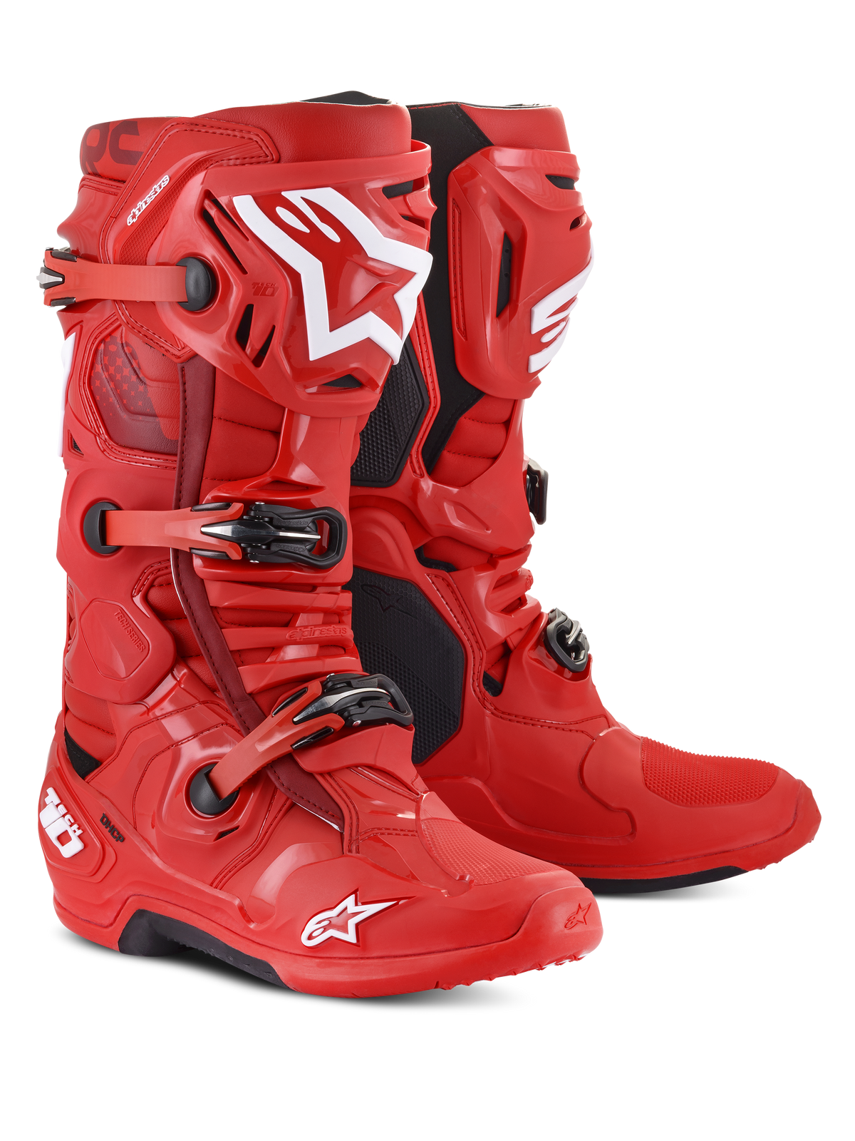 Stivali Alpinestars Tech 10, stivali da motocross, rossi con loghi bianchi, con sistema di chiusura a tripla fibbia e suole nere, calzature resistenti per competizioni fuoristrada