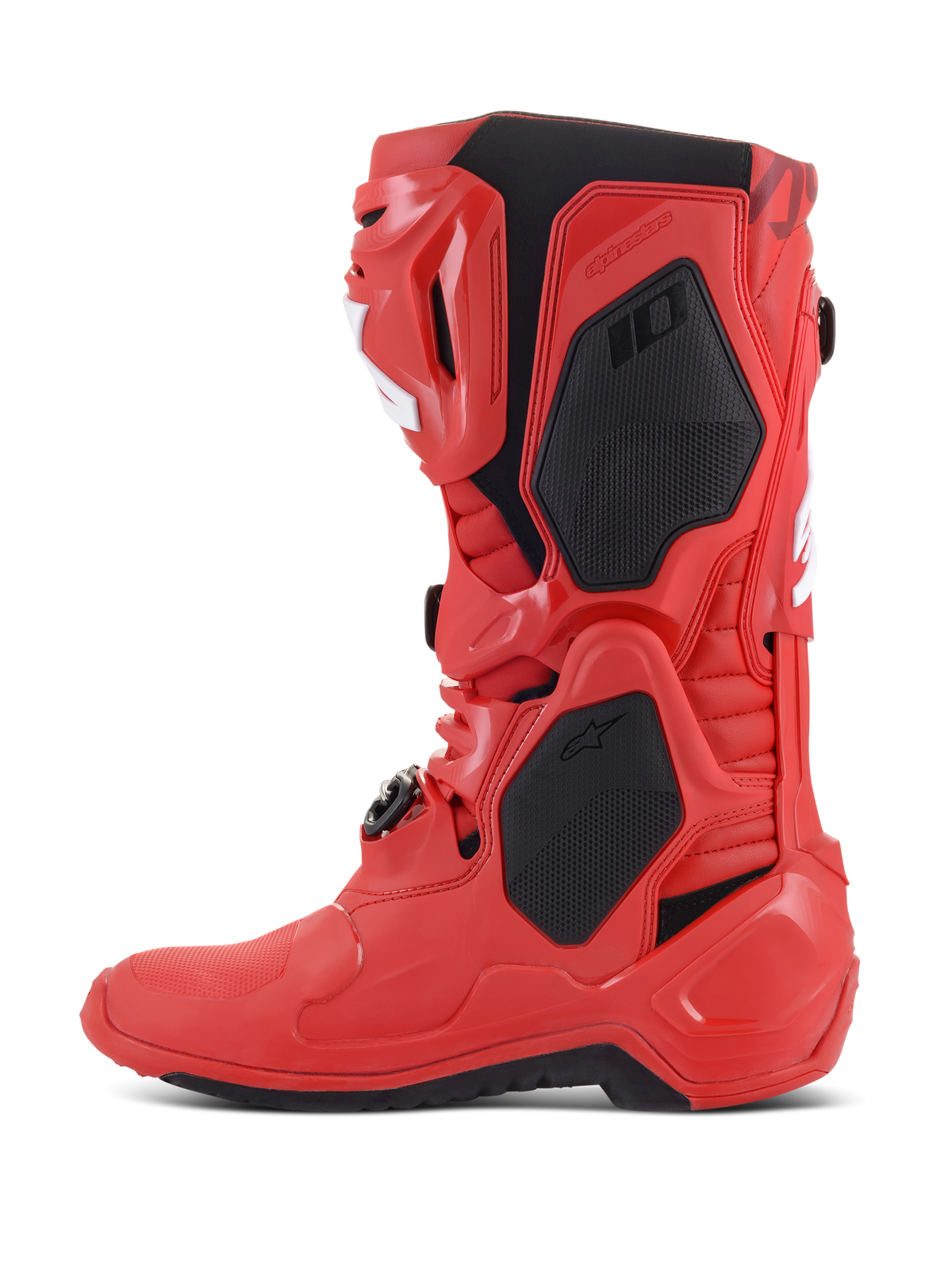Stivali Alpinestars Tech 10, stivali da motocross, rosso acceso, profilo laterale con pannelli protettivi neri e accenti bianchi, calzatura professionale da gara off-road con calotta in TPU e sistema di fibbie