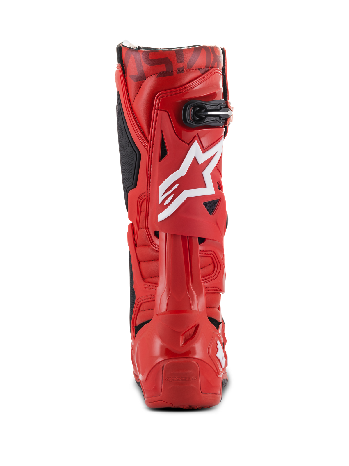 Alpinestars Tech 10 Boots, stivali da motocross, rosso, vista posteriore con logo a stella bianco sul polpaccio, fibbia nera nella parte superiore e scocca in TPU rosso resistente per prestazioni off-road