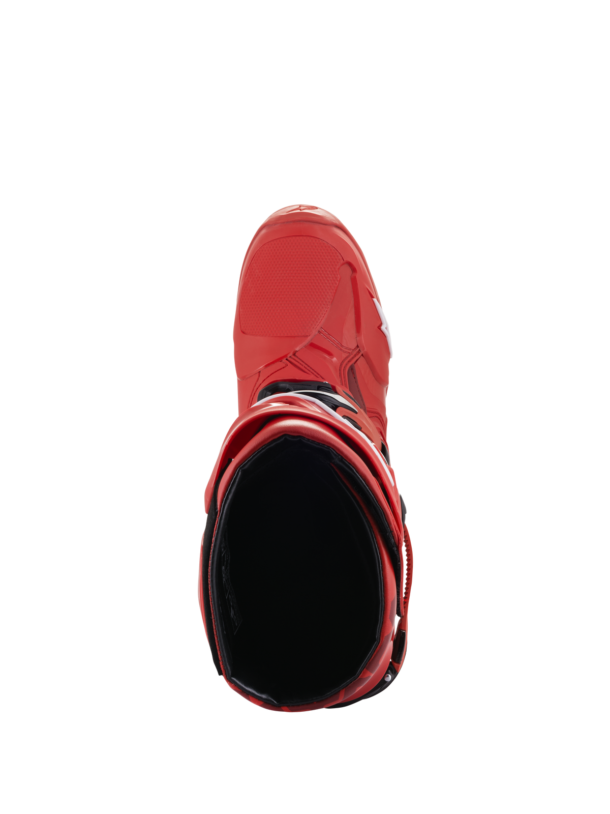 Stivali Alpinestars Tech 10, rosso, vista dall'alto dell'interno dello stivale, stivali da motocross con fodera nera e calotta in TPU rosso, calzatura professionale ad alte prestazioni per fuoristrada