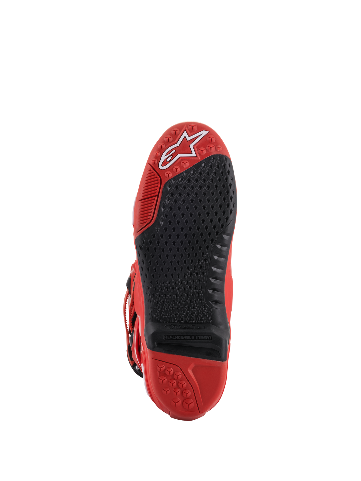 Stivali Alpinestars Tech 10, rosso, vista della suola, con inserto centrale nero sostituibile e trama micro-grip, logo Alpinestars bianco sulla punta, robusta struttura in gomma per motocross