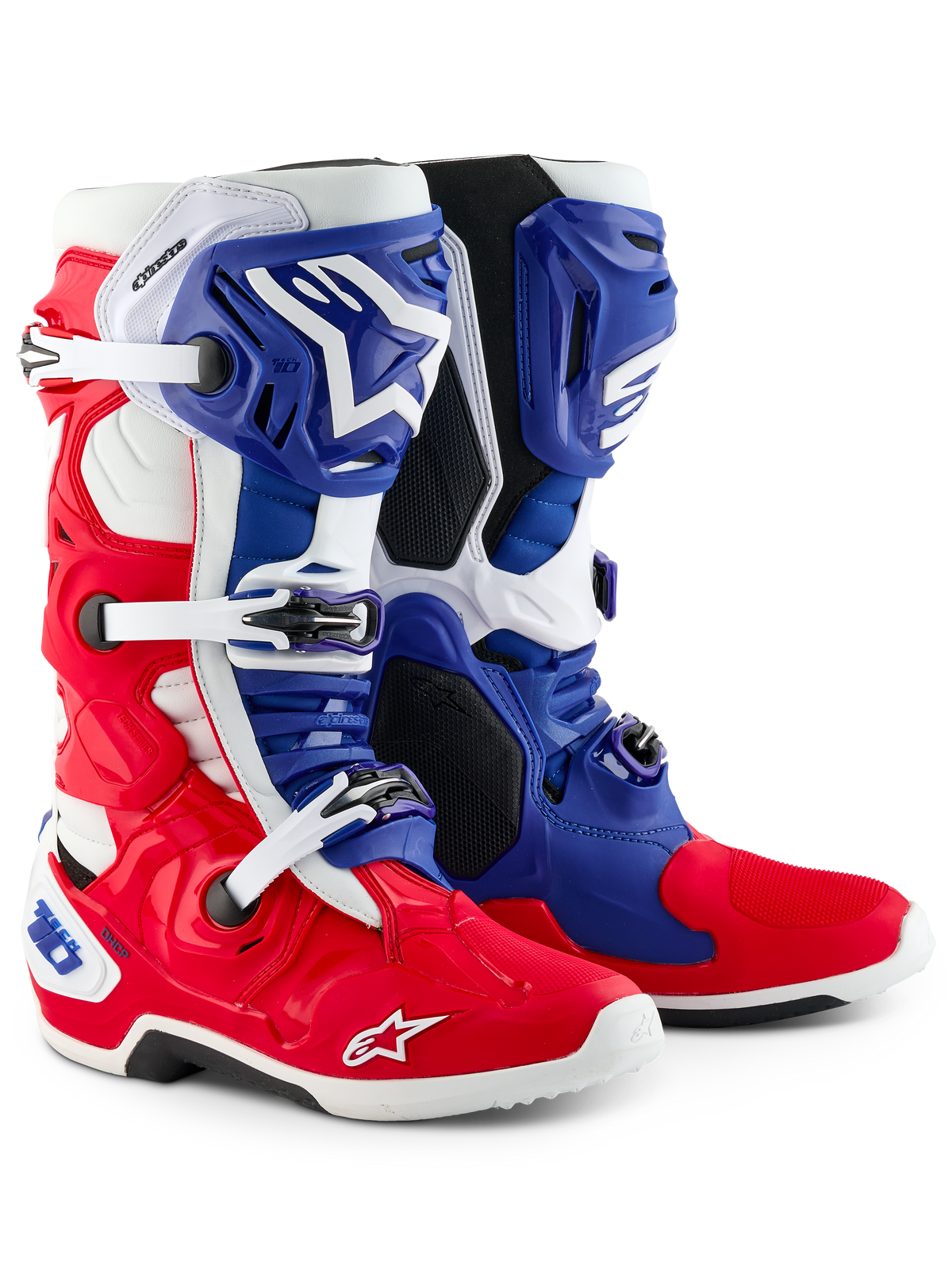 Alpinestars Tech 10 Limited Edition Fortitude, stivali da motocross, rosso acceso, bianco e blu, con chiusura a tripla fibbia, marchio Astars e design patriottico, struttura resistente in TPU e microfibra per prestazioni off-road d'élite