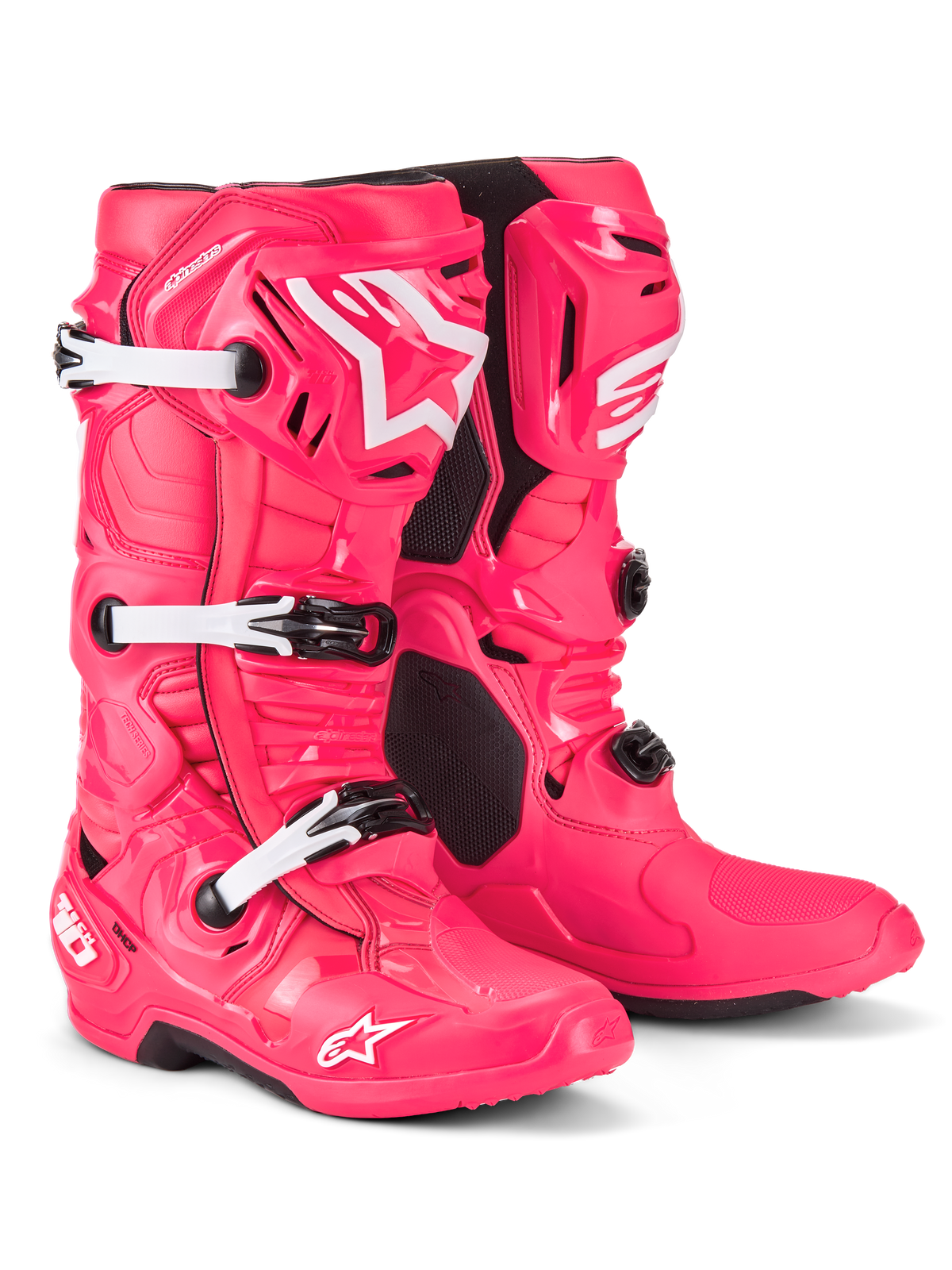 Stivali Alpinestars Tech 10, stivali da motocross, Rosa Diva e bianco, caratterizzati da una struttura leggera in materiale composito con sistema a tripla fibbia, calotta protettiva in TPU e iconico logo a stella su stinco e punta, calzature professionali per corse fuoristrada