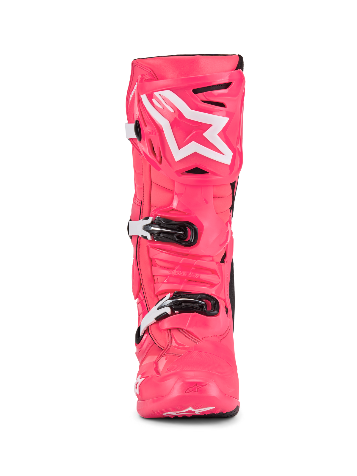 Stivali Alpinestars Tech 10, stivali da motocross, rosa Diva e bianco, vista frontale, con logo a stella bianco sulla placca tibiale, scocca in TPU resistente con fibbie bianche e nere, calzatura professionale per corse fuoristrada