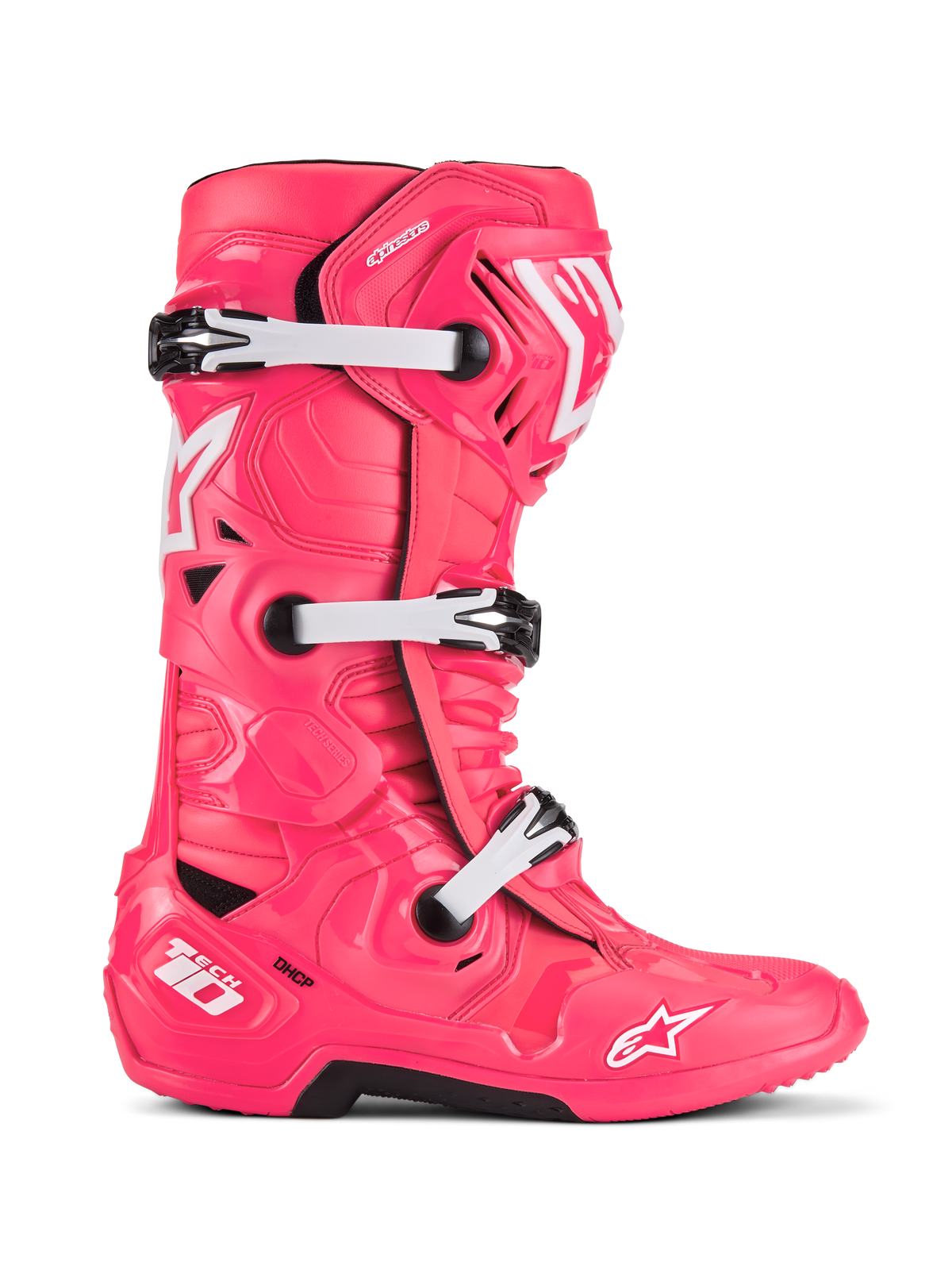 Alpinestars Tech 10, stivali da motocross, Diva Pink e bianco, sistema a tripla fibbia, protezione certificata CE, design angolare testurizzato con loghi a stella bianchi e suola robusta nera