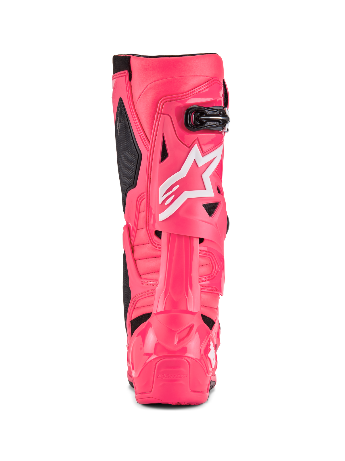 Alpinestars Tech 10 Boots, stivali da motocross, rosa Diva e bianco, vista posteriore con logo a stella Alpinestars bianco, accenti neri e protezione strutturata per tallone e polpaccio, calzature professionali per competizioni fuoristrada