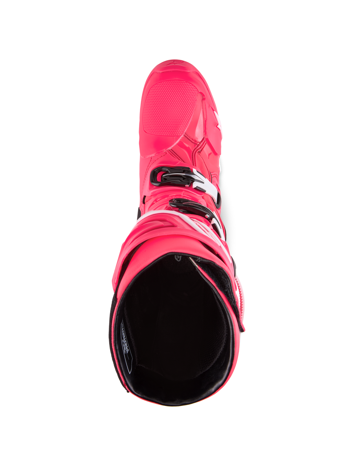 Stivali Alpinestars Tech 10, stivali da motocross, rosa diva e bianco, vista dall'alto verso l'interno con fodera nera, guscio esterno rosa con dettagli delle fibbie bianchi e neri, calzature off-road ad alte prestazioni