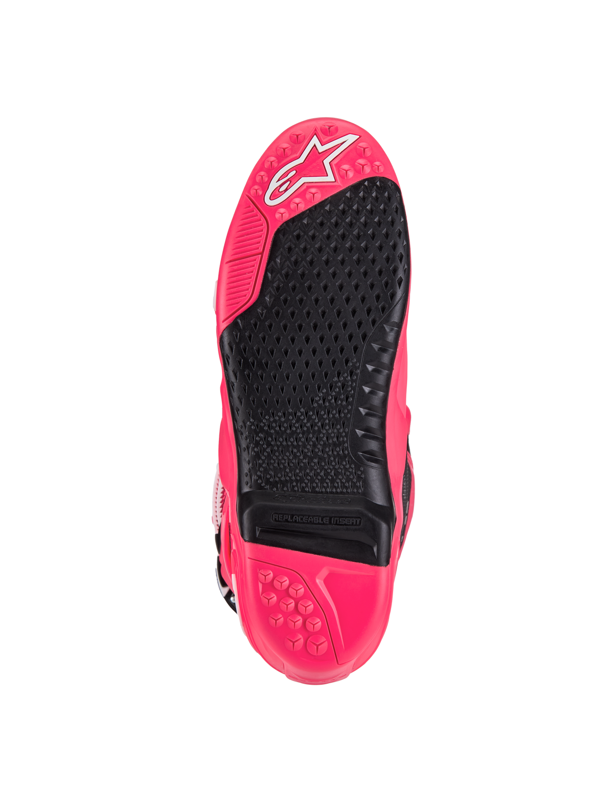 Stivali Alpinestars Tech 10, stivali da motocross, rosa diva e nero, vista della suola con battistrada strutturato, inserto per pedana sostituibile e logo Astars distintivo, progettati per grip e durata superiori