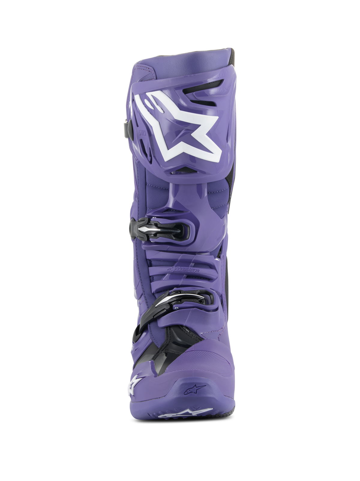 Stivali Alpinestars Tech 10, stivali da motocross, viola ultravioletto e nero, vista frontale, con logo Alpinestars bianco sullo stinco, sistema di chiusura a tripla fibbia, calotta in TPU resistente per gare fuoristrada