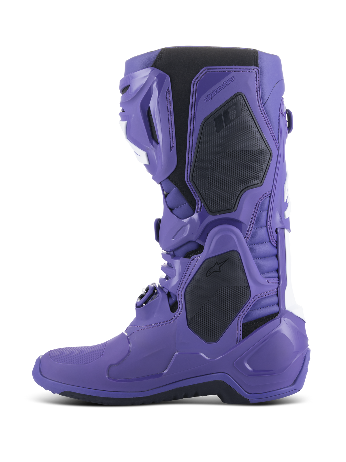 Stivali Alpinestars Tech 10, stivali da motocross, Ultraviolet Black, vista laterale di profilo, guscio in TPU viola vibrante con accenti neri e bianchi, sistema di chiusura a fibbia avanzato e pannelli protettivi rinforzati per prestazioni fuoristrada