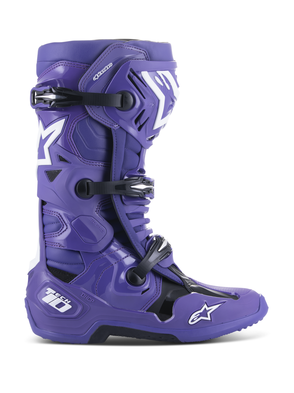 Alpinestars Tech 10 Boots, stivali da motocross fuoristrada, viola ultravioletto con dettagli neri e bianchi, chiusura a tripla fibbia, loghi stella bianchi, marchio Tech 10 sul tallone, suola robusta, calzatura protettiva ad alte prestazioni