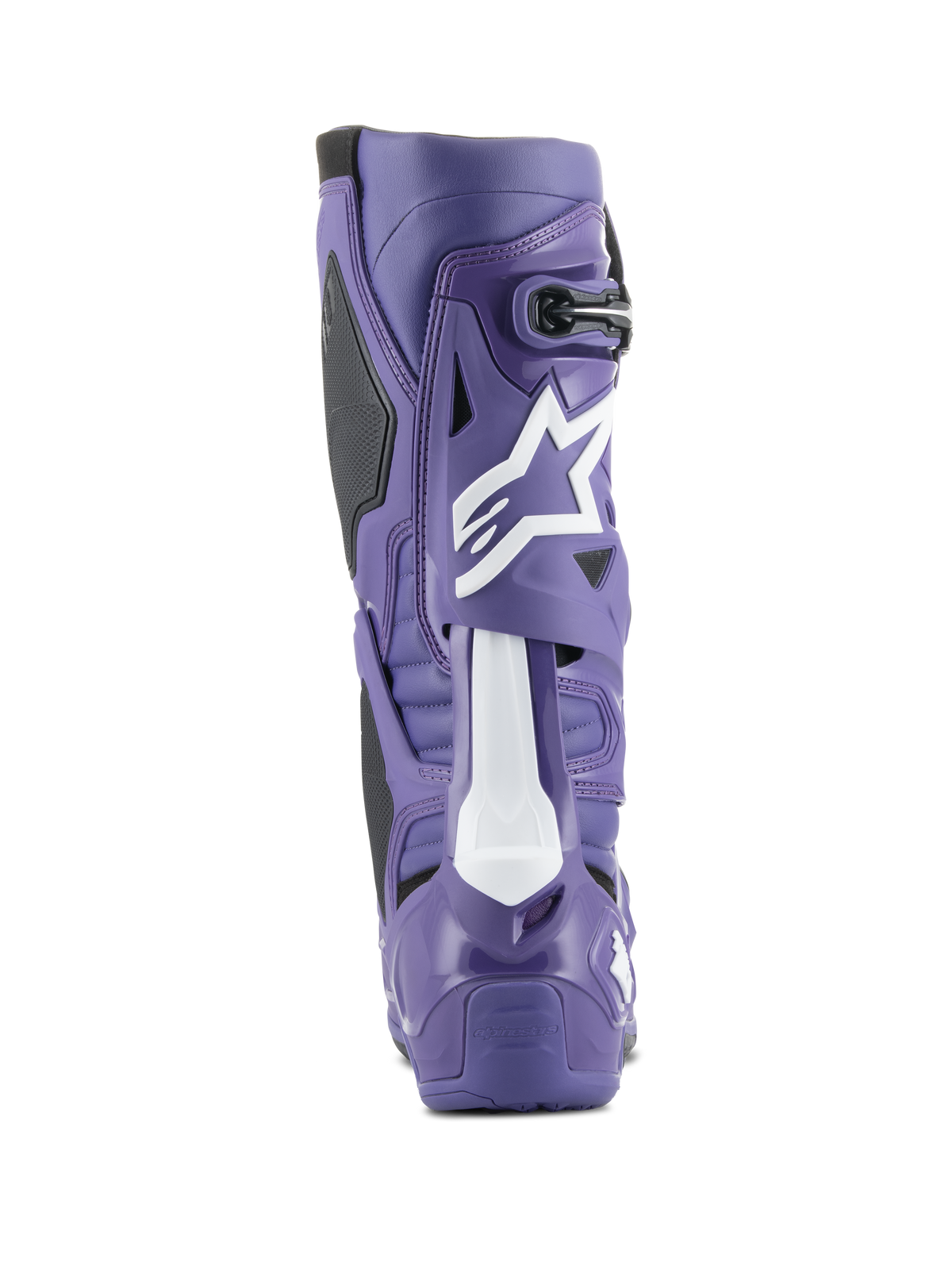 Stivale da motocross Alpinestars Tech 10, ultravioletto e nero, vista posteriore che mostra la calotta in TPU ad alta densità, logo Astars bianco sul polpaccio e tallone rinforzato per corse fuoristrada